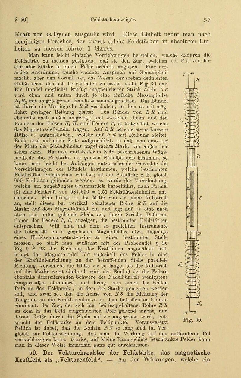 Kraft von mDynen ausgeübt wird. Diese Einheit nennt man nach demjenigen Forseher, der zuerst solche Feldstärken in absoluten Ein- heiten zu messen lehrte: 1 Gauss. Man kann leicht einfache Vorrichtungen herstellen, welche dadurch die Feldstärke zu messen gestatten, daß sie den Zug, welchen ein Pol von be- stimmter Stärke in einem Felde erfährt, angeben. Eine der- artige Anordnung, welche weniger Anspruch auf Genauigkeit macht, aber den Vorteil hat, das Wesen der soeben definierten Größe recht deutlich hervortreten zu lassen, stellt Fig. 30 dar. Ein Bändel möglichst kräftig magnetisierter Stricknadeln NS wird oben und unten durch je eine einfache Messinghülse -Hi-H2 mit umgebogenem Eande zusammengehalten. Das Bündel ist durch ein Messingrohr R R geschoben, in dem es mit mög- lichst geringer Eeibung gleitet. Die Eänder von R R sind ebenfalls nach außen umgelegt, und zwischen ihnen und den Eändern der Hülsen Hx -ET2 sind Federn Ft F2 festgelötet, welche das Magnetnadelbündel tragen. Auf R R ist eine etwas kürzere Hülse rr aufgeschoben, welche auf RR mit Eeibung gleitet. Beide sind auf einer Seite aufgeschlitzt, so daß man eine auf der Mitte des Nadelbündels angebrachte Marke von außen her sehen kann. Hat man mittels der in § 48 beschriebenen Wäge- methode die Polstärke des ganzen Nadelbündels bestimmt, so kann man leicht bei Anhängen entsprechender Gewichte die Verschiebungen des Bündels bestimmen, welche bestimmten Feldkräften entsprechen würden; ist die Polstärke z.B. gleich 650 Einheiten gefunden worden, so würde der Verschiebung, welche ein angehängtes Grammstück herbeiführt, nach Formel (3) eine Feldkraft von 981/650 = 1,51 Feldstärkeeinheiten ent- sprechen. Man bringt in der Mitte von r r einen Nullstrich an, stellt diesen bei vertikal gehaltener Eöhre R R auf die Marke auf dem Magnetbündel ein und legt auf r r eine nach oben und unten gehende Skala an, deren Striche Deforma- tionen der Federn Ft F2 anzeigen, die bestimmten Feldstärken entsprechen. Will man mit dem so- geeichten Instrumente die Intensität eines gegebenen Magnetfeldes, etwa diejenige eines Hufeisenmagnetmagazins an einer bestimmten Stelle messen, so stellt man zunächst mit der Probenadel § 26 Fig. 9 S. 23 die Eichtung der Kraftlinien angenähert fest, bringt das Magnetbündel NS außerhalb des Feldes in eine der Kraftlinienrichtung an der betreffenden Stelle parallele Eichtung, verschiebt die Hülse r r so lange, bis der Nullstrich auf die Marke zeigt (dadurch wird der Einfluß der die Federn ebenfalls deformierenden Schwere des Nadelbündels wenigstens einigermaßen eliminiert), und bringt nun einen der beiden Pole an den Feldpunkt, in dem die Stärke gemessen werden soll, und zwar so, daß die Achse von NS die Eichtung der Tangente an die Kraftlinienkurve in dem betreffenden Punkte einnimmt; der Zug, der sich hier bei festgehaltener Eöhre R R an dem in das Feld eingetauchten Pole geltend macht, und dessen Größe durch die Skala auf r r angegeben wird, ent- spricht der Feldstärke an dem Feldpunkte. Vorausgesetzt freilich ist dabei, daß die Nadeln NS so lang sind im Ver- gleich zur Feldausdehnung, daß man die Wirkung auf den entfernteren Pol vernachlässigen kann. Starke, auf kleine Eaumgebiete beschränkte Felder kann man in dieser Weise immerhin ganz gut durchmessen. 50. Der Vektorcharakter der Feldstärke; das magnetische Kraftfeld als „Vektorenfeld. — An den Wirkungen, welche ein z. Fig. 30.
