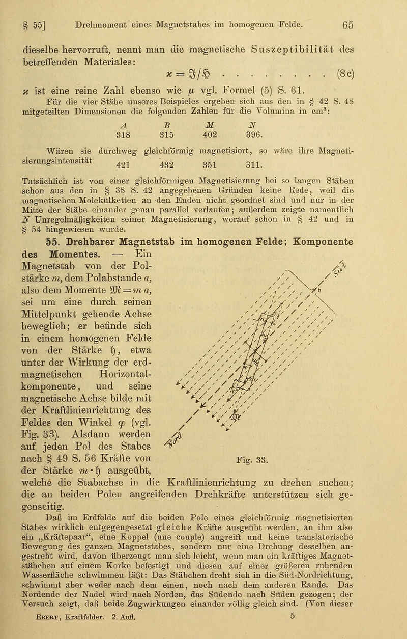 dieselbe hervorruft, nennt man die magnetische Suszeptibilität des betreffenden Materiales: * = S/£ (8c) % ist eine reine Zahl ebenso wie fi vgl. Formel (5) S. 61. Für die vier Stäbe unseres Beispieles ergeben sich aus den in § 42 S. 48 mitgeteilten Dimensionen die folgenden Zahlen für die Volumina in cm3: A 318 B 315 402 N 396. Wären sie durchweg gleichförmig magnetisiert, so wäre ihre Magneti- sierungsintensität 421 4g2 3gj gll Tatsächlich ist von einer gleichförmigen Magnetisierung bei so langen Stäben schon aus den in § 38 S. 42 angegebenen Gründen keine Rede, weil die magnetischen Molekülketten an den Enden nicht geordnet sind und nur in der Mitte der Stäbe einander genau parallel verlaufen; außerdem zeigte namentlich N Unregelmäßigkeiten seiner Magnetisierung, worauf schon in § 42 und in § 54 hingewiesen wurde. 55. Drehbarer Magnetstab im homogenen Felde; Komponente des Momentes. — Ein Magnetstab von der Pol- stärke m, dem Polabstande a, also dem Momente %R = ma, sei um eine durch seinen Mittelpunkt gehende Achse beweglich; er befinde sich in einem homogenen Felde von der Stärke f), etwa unter der Wirkung der erd- magnetischen Horizontal- komponente , und seine magnetische Achse bilde mit der Kraftlinienrichtung des Feldes den Winkel op (vgl. Fig. 33). Alsdann werden auf jeden Pol des Stabes nach § 49 S. 56 Kräfte von der Stärke m«f) ausgeübt, welche die Stabachse in die Kraftlinienrichtung zu drehen suchen; die an beiden Polen angreifenden Drehkräfte unterstützen sich ge- genseitig. Daß im Erdfelde auf die beiden Pole eines gleichförmig magnetisierten Stabes wirklich entgegengesetzt gleiche Kräfte ausgeübt werden, an ihm also ein „Kräftepaar, eine Koppel (une couple) angreift und keine translatorische Bewegung des ganzen Magnetstabes, sondern nur eine Drehung desselben an- gestrebt wird, davon überzeugt man sich leicht, wenn man ein kräftiges Magnet- stäbchen auf einem Korke befestigt und diesen auf einer größeren ruhenden Wasserfläche schwimmen läßt: Das Stäbchen dreht sich in die Süd-Nordrichtung, schwimmt aber weder nach dem einen, noch nach dem anderen ßande. Das Nordende der Nadel wird nach Norden, das Südende nach Süden gezogen; der Versuch zeigt, daß beide Zugwirkungen einander völlig gleich sind. (Von dieser Ebert , Kraftfelder. 2. Aufl. 5 Fi?. 33.