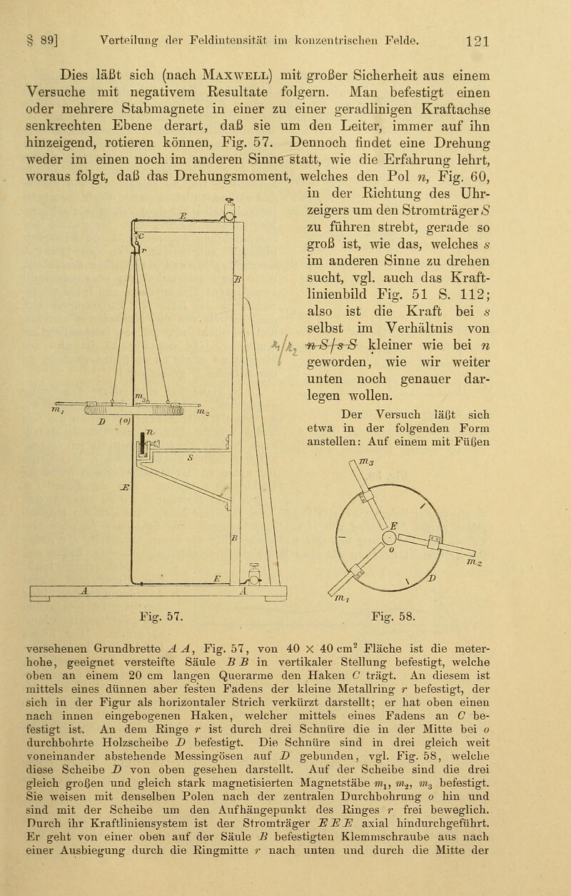 Dies läßt sich (nach Maxwell) mit großer Sicherheit aus einem Versuche mit negativem Resultate folgern. Man befestigt einen oder mehrere Stabmagnete in einer zu einer geradlinigen Kraftachse senkrechten Ebene derart, daß sie um den Leiter, immer auf ihn hinzeigend, rotieren können, Fig. 57. Dennoch findet eine Drehung weder im einen noch im anderen Sinne statt, wie die Erfahrung lehrt, woraus folgt, daß das Drehungsmoment, welches den Pol n, Fig. 60, in der Richtung des Uhr- zeigers um den Stromträger S zu führen strebt, gerade so groß ist, wie das, welches s im anderen Sinne zu drehen sucht, vgl. auch das Kraft- linienbild Fig. 51 S. 112; also ist die Kraft bei s selbst im Verhältnis von •nS-fs-S- kleiner wie bei n geworden, wie wir weiter unten noch genauer dar- legen wollen. Der Versuch läßt sich etwa in der folgenden Form anstellen: Auf einem mit Füßen Fiar. 57. Piff. 58. versehenen Grundbrette AA, Fig. 57, von 40 X 40 cm2 Fläche ist die meter- hohe , geeignet versteifte Säule B B in vertikaler Stellung befestigt, welche oben an einem 20 cm langen Querarme den Haken C trägt. An diesem ist mittels eines dünnen aber festen Fadens der kleine Metallring r befestigt, der sich in der Figur als horizontaler Strich verkürzt darstellt; er hat oben einen nach innen eingebogenen Haken, welcher mittels eines Fadens an C be- festigt ist. An dem Ringe r ist durch drei Schnüre die in der Mitte bei o durchbohrte Holzscheibe D befestigt. Die Schnüre sind in drei gleich weit voneinander abstehende Messingösen auf D gebunden, vgl. Fig. 58, welche diese Scheibe D von oben gesehen darstellt. Auf der Scheibe sind die drei gleich großen und gleich stark magnetisierten Magnetstäbe mu m.2, m3 befestigt. Sie weisen mit denselben Polen nach der zentralen Durchbohrung o hin und sind mit der Scheibe um den Aufhängepunkt des Einges r frei beweglich. Durch ihr Kraftliniensystem ist der Stromträger IS JS E axial hindurchgeführt. Er geht von einer oben auf der Säule B befestigten Klemmschraube aus nach einer Ausbiegung durch die Ringmitte r nach unten und durch die Mitte der