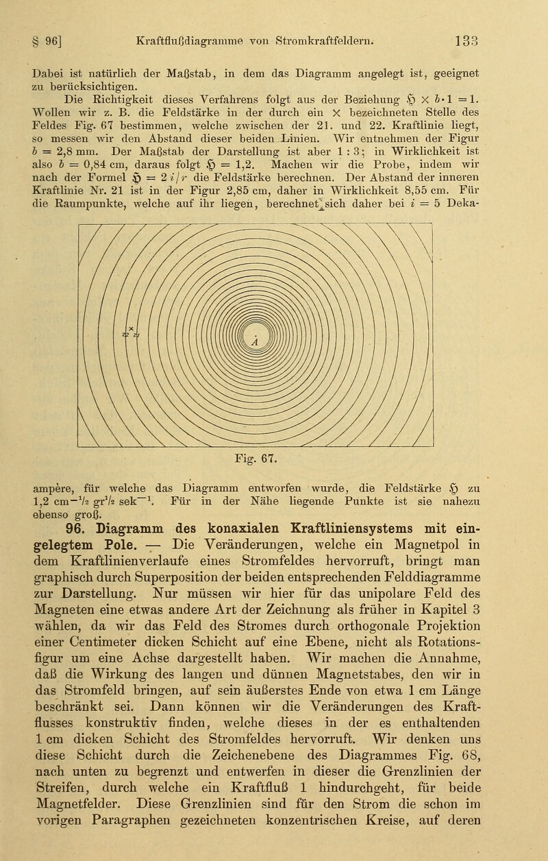 Dabei ist natürlich der Maßstab, in dem das Diagramm angelegt ist, geeignet zu berücksichtigen. Die Richtigkeit dieses Verfahrens folgt aus der Beziehung § X 6*1 = 1. Wollen wir z. B. die Feldstärke in der durch ein X bezeichneten Stelle des Feldes Fig. 67 bestimmen, welche zwischen der 21. und 22. Kraftlinie liegt, so messen wir den Abstand dieser beiden Linien. Wir entnehmen der Figur b = 2,8 mm. Der Maßstab der Darstellung ist aber 1:3; in Wirklichkeit ist also b = 0,84 cm, daraus folgt § = 1,2. Machen wir die Probe, indem wir nach der Formel £j = 2ijr die Feldstärke berechnen. Der Abstand der inneren Kraftlinie Nr. 21 ist in der Figur 2,85 cm, daher in Wirklichkeit 8,55 cm. Für die Raumpunkte, welche auf ihr liegen, berechnet^sich daher bei i = 5 Deka- Fisr. 67. ampere, für welche das Diagramm entworfen wurde, die Feldstärke § zu 1,2 cm_1/2 grV2 sek— 1. Für in der Nähe liegende Punkte ist sie nahezu ebenso groß. 96. Diagramm des konaxialen Kraftliniensystems mit ein- gelegtem Pole. — Die Veränderungen, welche ein Magnetpol in dem Kraftlinienverlaufe eines Stromfeldes hervorruft, bringt man graphisch durch Superposition der beiden entsprechenden Felddiagramme zur Darstellung. Nur müssen wir hier für das unipolare Feld des Magneten eine etwas andere Art der Zeichnung als früher in Kapitel 3 wählen, da wir das Feld des Stromes durch orthogonale Projektion einer Centimeter dicken Schicht auf eine Ebene, nicht als Rotations- figur um eine Achse dargestellt haben. Wir machen die Annahme, daß die Wirkung des langen und dünnen Magnetstabes, den wir in das Stromfeld bringen, auf sein äußerstes Ende von etwa 1 cm Länge beschränkt sei. Dann können wir die Veränderungen des Kraft- flusses konstruktiv finden, welche dieses in der es enthaltenden 1 cm dicken Schicht des Stromfeldes hervorruft. Wir denken uns diese Schicht durch die Zeichenebene des Diagrammes Fig. 68, nach unten zu begrenzt und entwerfen in dieser die Grenzlinien der Streifen, durch welche ein Kraftfluß 1 hindurchgeht, für beide Magnetfelder. Diese Grenzlinien sind für den Strom die schon im vorigen Paragraphen gezeichneten konzentrischen Kreise, auf deren