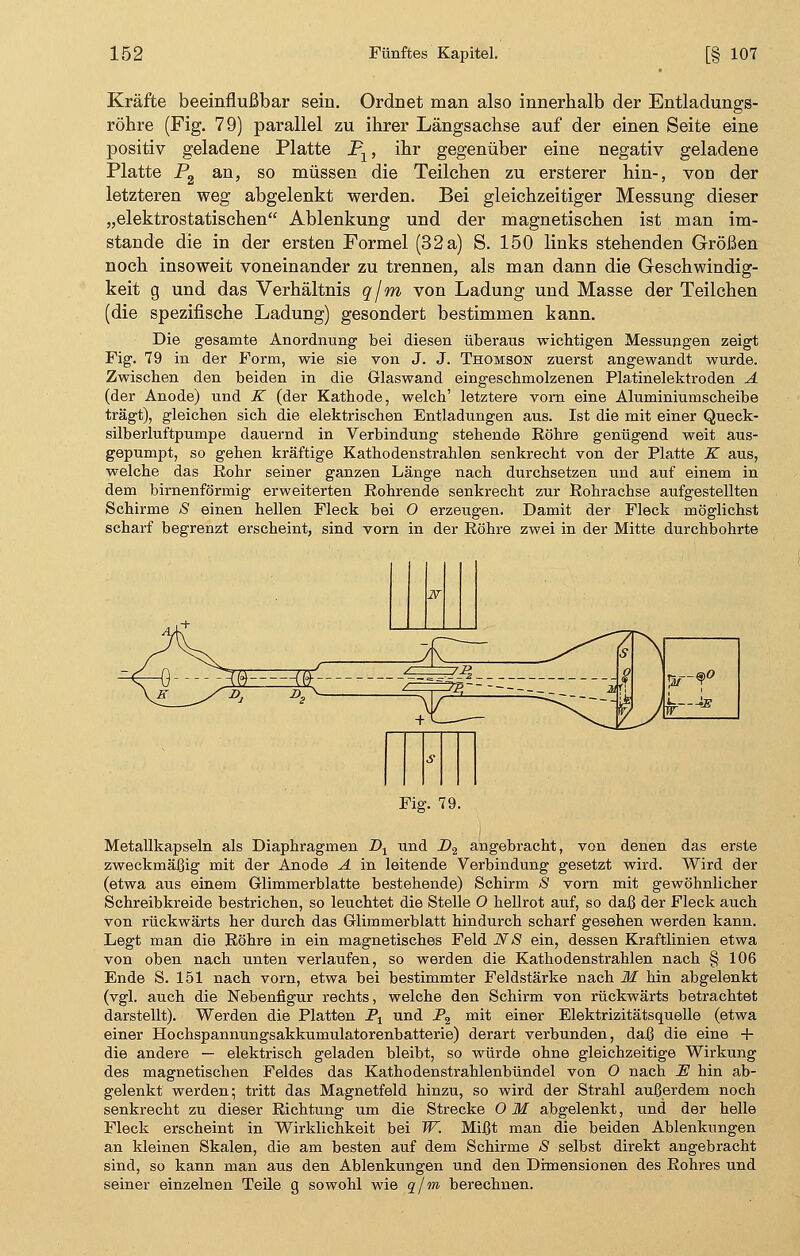 Kräfte beeinflußbar sein. Ordnet man also innerhalb der Entladungs- röhre (Fig. 79) parallel zu ihrer Längsachse auf der einen Seite eine positiv geladene Platte Px, ihr gegenüber eine negativ geladene Platte P2 an, so müssen die Teilchen zu ersterer hin-, von der letzteren weg abgelenkt werden. Bei gleichzeitiger Messung dieser „elektrostatischen Ablenkung und der magnetischen ist man im- stande die in der ersten Formel (32 a) S. 150 links stehenden Größen noch insoweit voneinander zu trennen, als man dann die Geschwindig- keit g und das Verhältnis q/m von Ladung und Masse der Teilchen (die spezifische Ladung) gesondert bestimmen kann. Die gesamte Anordnung bei diesen überaus wichtigen Messungen zeigt Fig. 79 in der Form, wie sie von J. J. Thomson zuerst angewandt wurde. Zwischen den beiden in die Glaswand eingeschmolzenen Platinelektroden A (der Anode) und K (der Kathode, welch' letztere vorn eine Aluminiumscheibe trägt), gleichen sich die elektrischen Entladungen aus. Ist die mit einer Queck- silberluftpumpe dauernd in Verbindung stehende Röhre genügend weit aus- gepumpt, so gehen kräftige Kathodenstrahlen senkrecht von der Platte K aus, welche das Eohr seiner ganzen Länge nach durchsetzen und auf einem in dem birnenförmig erweiterten Rohrende senkrecht zur Rohrachse aufgestellten Schirme S einen hellen Fleck bei O erzeugen. Damit der Fleck möglichst scharf begrenzt erscheint, sind vorn in der Röhre zwei in der Mitte durchbohrte w --^---(r- -^ ~är< s Fig. 79. Metallkapseln als Diaphragmen Dt und Z>2 angebracht, von denen das erste zweckmäßig mit der Anode A in leitende Verbindung gesetzt wird. Wird der (etwa aus einem Glimmerblatte bestehende) Schirm S vorn mit gewöhnlicher Schreibkreide bestrichen, so leuchtet die Stelle O hellrot auf, so daß der Fleck auch von rückwärts her durch das Glimmerblatt hindurch scharf gesehen werden kann. Legt man die Röhre in ein magnetisches Feld NS ein, dessen Kraftlinien etwa von oben nach unten verlaufen, so werden die Kathodenstrahlen nach § 106 Ende S. 151 nach vorn, etwa bei bestimmter Feldstärke nach M hin abgelenkt (vgl. auch die Nebenfigur rechts, welche den Schirm von rückwärts betrachtet darstellt). Werden die Platten F1 und P2 mit einer Elektrizitätsquelle (etwa einer Hochspannungsakkumulatorenbatterie) derart verbunden, daß die eine + die andere — elektrisch geladen bleibt, so würde ohne gleichzeitige Wirkung des magnetischen Feldes das Kathodenstrahlenbündel von O nach U hin ab- gelenkt werden; tritt das Magnetfeld hinzu, so wird der Strahl außerdem noch senkrecht zu dieser Richtung um die Strecke 0 M abgelenkt, und der helle Fleck erscheint in Wirklichkeit bei W. Mißt man die beiden Ablenkungen an kleinen Skalen, die am besten auf dem Schirme & selbst direkt angebracht sind, so kann man aus den Ablenkungen und den Dimensionen des Rohres und seiner einzelnen Teile g sowohl wie q/m berechnen.