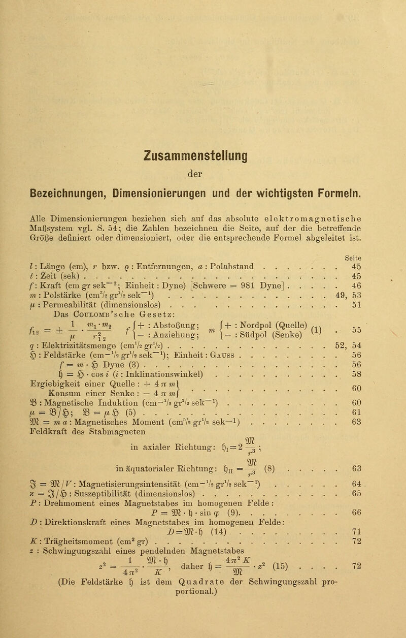 Zusammenstellung der Bezeichnungen, Dimensionierungen und der wichtigsten Formeln. Alle Dimensionierungen beziehen sich auf das absolute elektromagnetische Maßsystem vgl. S. 54; die Zahlen bezeichnen die Seite, auf der die betreffende Größe definiert oder dimensioniert, oder die entsprechende Formel abgeleitet ist. Seite l: Länge (cm), r bzw. q : Entfernungen, a : Polabstand 45 t: Zeit (sek) .... 45 f: Kraft (cm gr sek-2; Einheit: Dyne) [Schwere = 981 Dyne] 46 m : Polstärke (cm'/j gr1h sek-1) 49, 53 (A, : Permeabilität (dimensionslos) ... 51 Das Coulomb'sehe Gesetz: 1_ «y«, f+ : Abstoßung; f+ : Nordpol (Quelle) m '12 ~ ± n r\% i \- : Anziehung; \- : Südpol (Senke) [l) ' °° q : Elektrizitätsmenge (cmV2 gr1^) 52, 54 § : Feldstärke (cm-'/ü gr1/« sek-1); Einheit: Gauss 56 f=m-$ Dyne (3) 56 jj = § . cos i (i: Inklinationswinkel) 58 Ergiebigkeit einer Quelle: + An<m\ fi„ Konsum einer Senke : — 4 n mf 33 : Magnetische Induktion (cm-V2 grVs sek-1) 60 |W = SS/§; 33 = (i$ (5) . . . 61 SSJi = m a: Magnetisches Moment (cm% gr'As sek-1) 63 Feldkraft des Stabmagneten • , „■ , r . W m axialer Richtung: t)I = 2—^ ; in äquatorialer Richtung: f)n =—^ (ß) 63 3 = WlIV• Magnetisierungsintensität (cm-1/« grV2 sek-J) 64 A ~ 5/4? : Suszeptibilität (dimensionslos) 65 P: Drehmoment eines Magnetstabes im homogenen Felde : P = m- h-sin<p (9) 66 -D : Direktionskraft eines Magnetstabes im homogenen Felde: D = 3K-f) (14) 71 K: Trägheitsmoment (cm2 gr) 72 a : Schwingungszahl eines pendelnden Magnetstabes -•s^ «-»rir-' ™ • • • • 72 (Die Feldstärke fj ist dem Quadrate der Schwingungszahl pro- portional.)