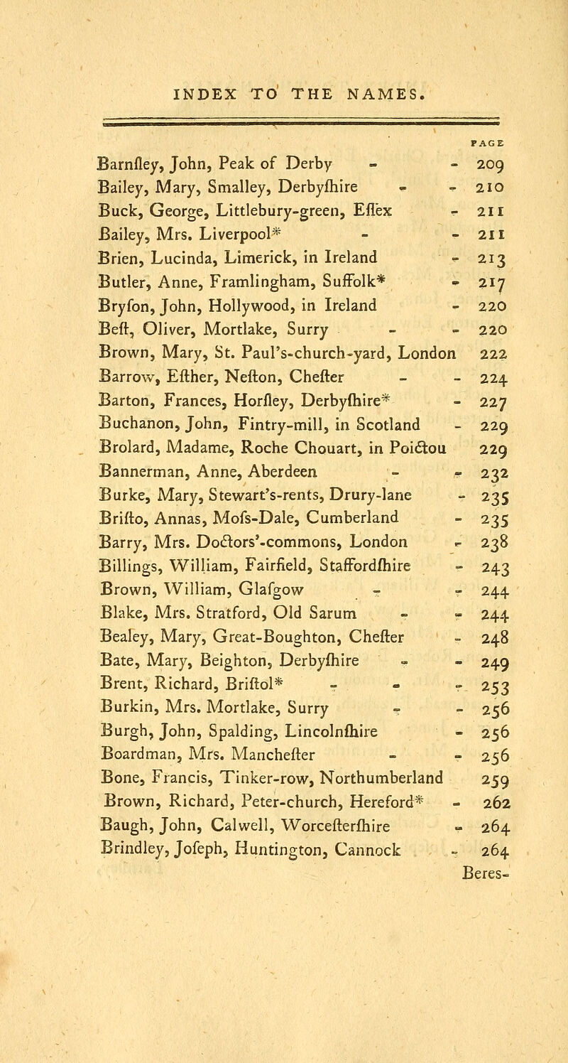 Barnfley, John, Peak of Derby - - 209 Bailey, Mary, Smalley, Derbyfliire - ^210 Buck, George, Littlebury-green, Eflex - 211 Bailey, Mrs. Liverpool* - - 211 Brien, Lucinda, Limerick, in Ireland -^ 213 Butler, Anne, Framlingham, Suffolk* - 217 Bryfon, John, Hollywood, in Ireland - 220 Beft, Oliver, Mortlake, Surry - - 220 Brown, Mary, St. Paul's-church-yard, London 222 Barrow, Efther, Nefton, Chefter - - 224 Barton, Frances, Horfley, Derbyftiire* - 227 Buchanon, John, Fintry-mill, in Scotland - 229 Brolard, Madame, Roche Chouart, in Poidtou 229 Bannerman, Anne, Aberdeen - - 232 Burke, Mary, Stewart's-rents, Drury-lane - 235 Brifto, Annas, Mofs-Dale, Cumberland - 235 Barry, Mrs. Dodors'-commons, London r- 238 Billings, William, Fairfield, StafFordfhire - 243 Brown, William, Glafgow - - 244 Blake, Mrs. Stratford, Old Sarum - - 244 Bealey, Mary, Great-Boughton, Chefter - 248 Bate, Mary, Beighton, Derbyfliire -. - 249 Brent, Richard, Briftol* - - - 253 Burkin, Mrs. Mortlake, Surry - - 256 Burgh, John, Spalding, Lincolnfhire - 256 Boardman, Mrs. Manchefter - - 256 Bone, Francis, Tinker-row, Northumberland 259 Brown, Richard, Peter-church, Hereford* - 262 Baugh, John, Calwell, Worcefterfliire - 264 Brindley, Jofeph, Huntington, Cannock - 264