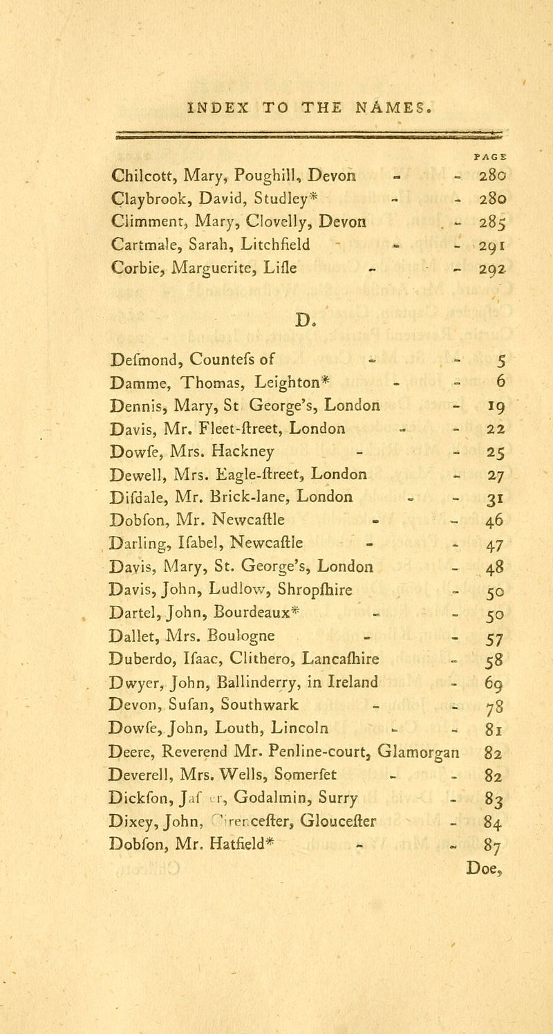 Chilcott, Mary, Poughill, Devon Claybrook, David, Studley* Ciimment, Mary, Clovelly, Devon Cartmale, Sarah, Litchfield Corbie, Marguerite, Lille PAGE - 280 - 280 - 285 - 291 - 292 D. Defmond, Countefs of - - 5 Damme, Thomas, Leighton* - =6 Dennis, Mary, St George's, London - I9 Davis, Mr. Fleet-ftreet, London - - 22 Dowfe, Mrs. Hackney - - 25 Dewell, Mrs. Eagle-ftreet, London - 27 Difdale, Mr. Brick-lane, London - - 31 Dobfon, Mr. Newcaftle - - 46 Darling, Ifabel, Newcaftle - - 47 Davis, Mary, St. George's, London - 48 Davis, John, Ludlow, Shropfhire - 50 Dartel, John, Bourdeaux* -= _ ?|o Dallet, Mrs. Boulogne ~ - 57 Duberdo, Ifaac, Clithero, Lancaftiire - 58 Dwyer, John, Ballinderry, in Ireland - 69 Devon, Sufan, Southwark - - 78 Dowfe, John, Louth, Lincoln - - 81 Deere, Reverend Mr. Penline-court, Glamorgan 82 Deverell, Mrs. Wells, Somerfet - - 82 Dickfon, Jaf ri, Godalmin, Surry - ^3 Dixey, John, ' rencefter, Gloucefter - 84 Dobfon, Mr. Hatfield* - - 87 Doe,