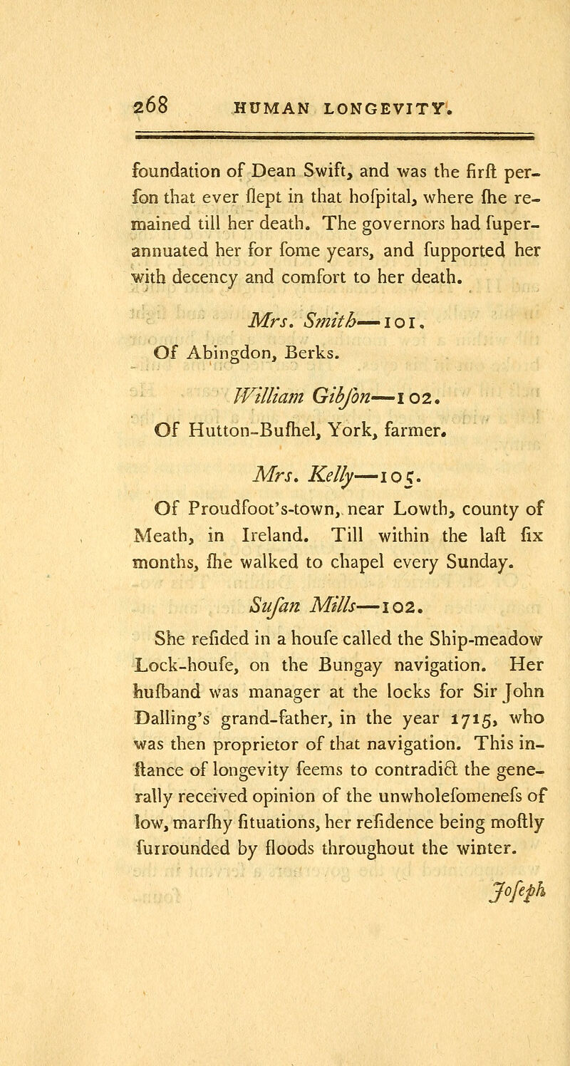 foundation of Dean Swift, and was the firft per- fon that ever flept in that hofpital, where ftie re- mained till her death. The governors had fuper- annuated her for fome years, and fupported her with decency and comfort to her death. Mrs. Smith-^io\. Of Abingdon, Berks. JVilHam Gibfon—102. Of Hutton-Bufliel, York, farmer. Mrs. Kelly—105. Of Proudfoot's-town,, near Lowth, county of Meath, in Ireland. Till within the laft fix months, fhe walked to chapel every Sunday. Sufan Mills—102. She refided in a houfe called the Ship-meadow Lock-houfe, on the Bungay navigation. Her hufband was manager at the locks for Sir John Balling's grand-father, in the year 1715, who was then proprietor of that navigation. This in- ftance of longevity feems to contradid the gene- rally received opinion of the unwholefomenefs of low, marfhy fituations, her refidence being moftly furrounded by floods throughout the winter.