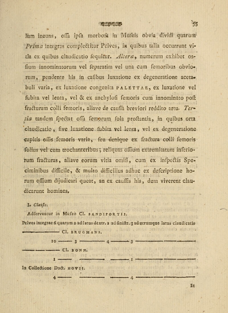 Jiim ineuns, ofHi ipfa morboli in iMufeis obvia.dividi quarurti^ Prima integras coniplefliiur Pelvcs, ia quibus talia occurrunt vi- da ex quibus claudicatio fcquicur. Altera^ numerum exliibct os- fium innominatorum vel feparatim vel una cum femoribus obvio» rum, pendente liis in cafibus luxatione ex degeneratione accta» buli varia, ex luxatione congenica palettae, ex luxatione vel fubita vel lenta, vel & ex anchylofi femoris cum innominato pofi: fradluram colli femoris, aliave de caufl^a breviori reddito artu. TVr- tia tandem fpedat ofi!a femorura. fola profiantia, in quibus orta 'claudicatio, five liixatione .ftibita-vel lenta, vel ex degeneratione capids ofiiS-femGris va«a j fea-denjque ex fradlura calli femoris foHns^ veh cum trociianteribns; reliquas ofiium extremitatum inferio- irum fradluras, aliave eoriim vitia omifi, cum ex infpedis Spe- ciminibus difficile, & multo difficilius adhuc ex defcriptione ho- rum offium dijudicari queat, an ex cauffis his, dum viverent clau- dicarunc homines» I. Cla^fii. Adfervantur in Mufeo Cl. sandifortu. iPelvesimegraedquarumaadlatusdextr.I adfiniftr.sadutrumque latus claudicatio «■ -' Cl. BRUGMANS. lo 3 4 -3 —— Cl. B O N N. In CoUeAione Doft. Hovij. 4