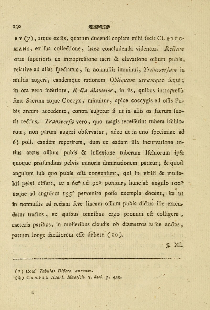 J30 RY (7), atque exiis, quarum ducendi copiara mihi fecit CI.^rcg*. MANS, ex fua colle(n:ione, haec concludenda videntur. Recfai/s orae fuperioris ex incropreflione facri & elevatione ofTium pubis^ lelative ad alias fpeftatam, in nonnullis imminui, Transverfam m multis augeri, eandemqne rationem Ohliquam utramqus fequi; in ora vero inferiore, ReSfa diameier ^ in iis, quibus introprelTa func Sacrum atqueCoccyx, mi.nuitur, apice coccygis ad offis Pu- bis arcum aceedente, contra laugetur fi ut in aliis os facrum fue- lit reftius. Transverfa vero, quo magis receiFerint tubera Ifchio- rura, non parum augeri obfervatur, adeo ut in uno fpecimiMe ad 6\ poll. eandem reperirem, dum ex eadem illa incurvatione to- tius arcus offium pubis & infiexione tuberum Ifchiorum ipfa quoque profunditas pelvis minoris diminutionem patitur^ & quodl angulum fub quo pubis ofla conveniunt, qui in virrli & muUe» bri pelvi diSert, ae a 60** ad 90«^ poniturj hunc ab angulo loo^ wsque ad angukm 135° pcrvenire pc^e exempla docent,^ ita ut In nonnullis ad rei^am fere lineam offium pubis diftus. ille exten> datur tradlus, es quibus omnibus ergo pronum eft colligere ,. eaeteris paribus, in mulieribus claudis ob diaraetros hafce audas^,. partum ionge faciiiorem eCe debcre (10}, S^ XI. (?) Conf T&kulas Differt. annexas. (t) Camf ER. Haavl. Maatfch-. 7< dAd. $. 45-cs»