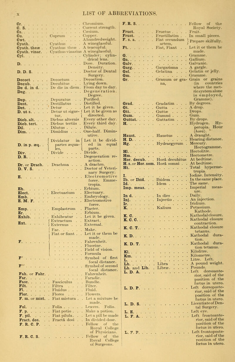 Cr C. S Cs Cu Cuprum . . . Cwt Cyath Cyathus . . . Cyath. these . . Cyathus these Cyath. vinar. . Cyathusvinariue Cyl D. D. S Decoct .... Decoctum . . . Decub Decubitus . . De d. in d. . . De die in diem. Deg Dep Depuratus . . Dest Destillatus . . Det Detur . . . . D. ut s Detur ut signe- ; tur, Dieb. alt. . . . Diebus alternis Dieb. tert. . . Diebus tertiis . Dil Dilutus . . . . Dim Dimidius . . . f Dividatur in D. in p. aeq. . ] partes aequa- l les, Div Divide . . . D. R Dr. or Drach. D. V. S. . . Drachma Eb Elect Electuarium Emb E. M. F Emp Emplastrum Er . . Exhibeatur . f Extractum . ■ I Externus . . [ Fac i Fiat or riant . Exhib. Ext. . F' Fah. or Fahr Far Fasc Fasciculus Filt Filtra . . Fl Fluidus . . Flor Flores . . F. m. or mist. . Fiatmistura Fol Folia . . . F. p Fiatpotio . F. pil Fiatpilula. Fract. dos. . . Fracta dosi F. R. C. P F. R. C. S. (Ihromium. ('urn-iit strength. (laesium. Copper. A hu ndrc d weight. A wineglassful. A teacupi'ul. A wineglassful. Cylinder; cylin- drical lens. Dose. Duration. Density. Doctor of Dental Surgery. Decoction. Lying down. From day to day. Degeneration. Degree. Purified. Distilled. Let it be given. Let it be given as directed. Every other day. Every third day. Dilute. One-half. Dimin- utive. Let it be divid- ed in equal parts. Divide. Degeneration re- action. A drachm. Doctor of Veteri- nary Surgery. Electromotive force. Emme- tropia. Erbium. Electuary. Embryology. Electromotive force. Plaster. Erbium. Let it be given. Extract. External. Make. Let it or them be made. Fahrenheit. Fluorine. Field of vision. Formula Symbol of first focal distance. Symbol of second focal distance. Fahrenheit. Faradic. Bundle. Filter. Fluid. Flowers. Let a mixture be made. Leaves. Folio. Make a potion. Let a pill be made In divided dose. Fellow of the Royal College of Physicians. Fellow of the Royal College of Surgeons. F.R. S. Fruct Fructus . . . . Frust Frustillatim . . F. s. a Fiat secundum artem, Ft Fiat, Fiant . . G Ga Galv Garg Gargarisma . Gel Gelatina . . Gm Gr Granum or gra Fellow of the Royal Society. Fruit. In small pieces. Grad Gradatim . Gt Gutta . . Gtt Guttse . . Gum Gummi . . Guttat Guttatim . Haust. H. D. . Hg. . Haustus . . Hydrargyrum HI Hm Hor. decub. . . H. s.orHor.som. Ht Hora decubitus Hora somni . lb. or Ibid. Id Imp. meas. Ibidem Idem . Ind. Inj. Ir. . K. . In dies Injectio Kalium K. C. . K. C. C. K. C. T. K. D. . K. D.T. Kl Km L Lb Lb. and Lib. L. D. A. . . Libra Librae. L. D. P. L. D. S. L. E. . L. F. A. L. F. P. r Prepare skilfully. Let it or them be made. Gramme. Gallium. Galvanic. A gargle. Gelatin or jelly. Gramme. • Grain or grains (in countries where the met- ric system alone is employed, Gramme). By degrees. A drop. Drops. Gum. By drops. Hydrogen. Hy- peropia. Hour (hora). * A draught. Hearing distance. Mercury. Hectogramme. . Hectolitre. Hectometre. At bedtime. . At bedtime. . Total hyperme- tropia. . Iodine. Intensity. . In the same place. . The same. . Imperial meas- ure. . Daily. . An injection. . Iridium. . Potassium. Kathode. . Kathodalclosure. . Kathodal closure contraction. . Kathodal closure tetanus. . Kathodal dura- tion. . Kathodal dura- tion tetanus. . Kilolitre. . Kilometre. . Litre. Left. . A pound weight. . Pounds. . Left dorsoante- rior, said of the position of the fcetus in utero. . Left dorsoposte- rior, said of the position of the foetus in utero. . Licentiate of Den- tal Surgery. . Left eye. . Left frontoante- rior, said of the position of the foetus in utero. . Left frontoposte- rior, said of the position of the fcetus in utero.