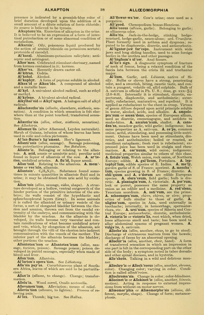presence is indicated by a greenish-blue color of brief duration developed upon the addition of a small amount of a dilute solution of ferric chloride; its source is believed to be tyrosin. Alkaptonuria. Excretion of alkapton in the urine. It is believed to be an expression of a form of intes- tinal putrefaction or of some abnormal condition of metabolism. Alkarsin'. Oily, poisonous liquid produced by the action of arsenic trioxide on potassium acetate; protoxide of cacodyl. Al'kasal. Aluminum-potassium salicylate; anti- septic and astringent. Alker'mes. Celebrated stimulant electuary, named from kermes contained in it; kermes. Alker'va. Recently drawn castor oil. Al'kitran. Cedria. Al'kohol. Alcohol. Al'kophyr. A form of peptone soluble in alcohol. Alkox'id or Alkox'ide. A compound of alcohol and a metallic base. Al'kyl. A univalent alcohol radical, such as ethyl or methyl. Al'kylene. A bivalent alcohol radical. Alkylhal'oid or Alkyl'ogen. A halogen salt of alkyl radicals. Allachsesthe'sia (attache, elsewhere, aisthesis, sen- sation) . A condition in which sensation is felt else- where than at the point touched; transferred sensa- tion. Allsesthe'sia (alios, other, aisthesis, sensation). See Allochiria. Allaman'da (after Allamand, Leyden naturalist). Shrub of Guiana, infusion of whose leaves has been used in colic and colica pictonum. AHan-Burns's lig'ament. Hey's ligament. Allantiasis (alias, sausage). Sausage poisoning, from putrefactive ptomains. See Botulism. Allantoic. Belonging or relating to the allan- tois. A. acid, amnic or amniotic acid; peculiar acid found in liquor of allantois of the cow. A. ar'te- ries, umbilical arteries. A. flu'id, liquor amnii. Allan'toid. Relating to the allantois. A. mem'- brane or ves'icle, allantois. Allantoin'. C4H6N403. Substance found some- times in minute quantities in allantoic fluid and in urine; it may be obtained from uric acid by oxida- tion. Allan'tois (alias, sausage, eidos, shape). A struc- ture developed as a hollow, ventral outgrowth of the hinder portion of the primitive intestine of the em- bryo; its walls consist of the hypoblastic and splanchnopleural layers (Gray). In some animals it is called the allantoid or urinary vesicle of the fcetus, a sort of elongated bladder between the cho- rion and amnion, thrown out from the caudal ex- tremity of the embryo, and communicating with the bladder by the urachus. As the allantois is de- veloped, its walls become very vascular and con- tain ramifications of what become umbilical artery and vein, which, by elongation of the allantois, are brought through the villi of the chorion into indirect communication with the vessels of the mother. The inferior part of the allantois becomes the bladder; other portions the urachus. Allantotox'icon or Allantotox'icum (alias, sau- sage, toxicon, poison). Sausage poison; poison de- veloped in putrid sausages, especially when made of blood and liver. Allan'tum. Allantoin. Al'larton's opera'tion. See Lithotomy. Alla'sia pay'os. Cucurbitaceous plant of South- ern Africa, leaves of which are said to be parturifa- cient. Allax'is (allasso, to change). Change; transfor- mation. Allelu'ia. Wood sorrel, Oxalis acetosella. Allevamen'tum. Alleviation; means of relief. Allevia'tion (allevare, to lighten). Process of re- lieving pain. Al'lex. Thumb; big toe. See Hallux. All'flower-wa'ter. Cow's urine; once used as a purgative. All'good. Chenopodium bonus-Henricus. Allia'ceous (allium, garlic). Belonging to garlic; as alliaceous odor. Allia'ria. Jack-in-the-hedge, stinking hedge- mustard, hedge-garlic, sauce-alone; ord. Cruciferoe. Plant former^ used in asthma and dyspnoea; re- puted to be diaphoretic, diuretic, and antiscorbutic. Al'ligator-jaw for'ceps. Instrument with wide jaws and long sliding handles, used to seize foreign bodies in the urethra and other passages. Al'lingham's ul'cer. Anal fissure. Al'lis's sign. A diagnostic symptom of fracture of neck of femur, being a relaxed condition of the fascia lata between the crista ilii and trochanter major. Al'lium. Garlic, ord. Liliaceoe, native of Si- cily. Bulbs or cloves have a strong, penetrating odor, and a sweetish, biting, caustic taste, and con- tain a pungent, volatile oil, allyl sulphide. Bulb of A. sativum is official in Ph. U. S.; dose, gr. xxx-3ij (2.0-8.0). Internally it is stimulant, diuretic, ex- pectorant, diaphoretic, and anthelmintic; exter- nally, rubefacient, maturative, and repellent. It is applied as rubefacient to the chest in croup. Virtues of genus Allium depend upon acrid principle soluble in water, alcohol, acids, and alkalies. A. ampelo- pra'sum or ascen'dens, species of European album, used as diuretic, emmenagogue, and antidote to snake-bites. A. ascalon'icum, shallot. A. cana- den'se, meadow garlic, wild garlic; indigenous; has same properties as A. sativum. A. ce'pa, common onion; acrid, stimulating, and possessing little nutri- ment. Onions have been used as stimulants, diu- retics, and anthelmintics; boiled or roasted, as emollient cataplasm; fresh root is rubefacient; ex- pressed juice has been used in otalgia and rheu- matism. A. cer'nuum, wild onion; indigenous; medicinal properties similar to others of this class. A. fistulo'sum, Welsh onion, rock onion, of Northern Europe; edible. A. gal'licum, Portulaca. A. lep- tophyl'lum, edible species of E. Indies. A. mo'ly, garden garlic of S. of France; aperient. A. moscha'- tum, species growing in S. of France; diuretic. A. obli'quum and A. o'dorum are edible European species. A. olera'ceum, field garlic; bulb is diu- retic. A. plantagin'eum, A. victoriale. A. por'rum, leek or porret, possesses the same property as onion as an edible and a medicine. A. red'olens, Teucrium scordium. A. sati'vum, see the prime. A. schoenopra'sum, chive, chives, or cive; prop- erties of bulb similar to those of garlic. A. uligino'sum, species in Asia, used externally in toothache; internally, in hemorrhage, spermator- rhoea, etc. A. ursi'num, species of Siberia and Cen- tral Europe; antiscorbutic, diuretic, anthelmintic. A. victoria'le or victoria'lis, root which, when dried, loses alliaceous smell and taste; has been used to allay abdominal spasms of pregnant women. A. vulga're, A. sativum. Alloche'zia (alios, another, chezo, to go to stool). Discharge of extraneous matters from the bowels; discharge of faeces by an abnormal opening. Allochir'ia (alios, another, cheir, hand). A form of transferred sensation in which an impression in one part is felt in the corresponding part on the other side of the body; a symptom noted in tabes dorsalis and other spinal diseases, and in hysteria. Allo'chobs. Talking in a wild and delirious man- ner. Allochro'ic or Alloch'roous (alios, another, chroma, color). Changing color; varying in color. Condi- tion is called alloch'roism. Allochroma'sia. Change in color; color-blindness. Allocinet'ic or Allokinet'ic (alios, another, kinesis. motion). Acting in response to external impres- sions from without on motor nerves. Allceomor'phia or Allceomorpho'sis (allows, dif- ferent, morphe, shape). Change of form; metamor- phosis.