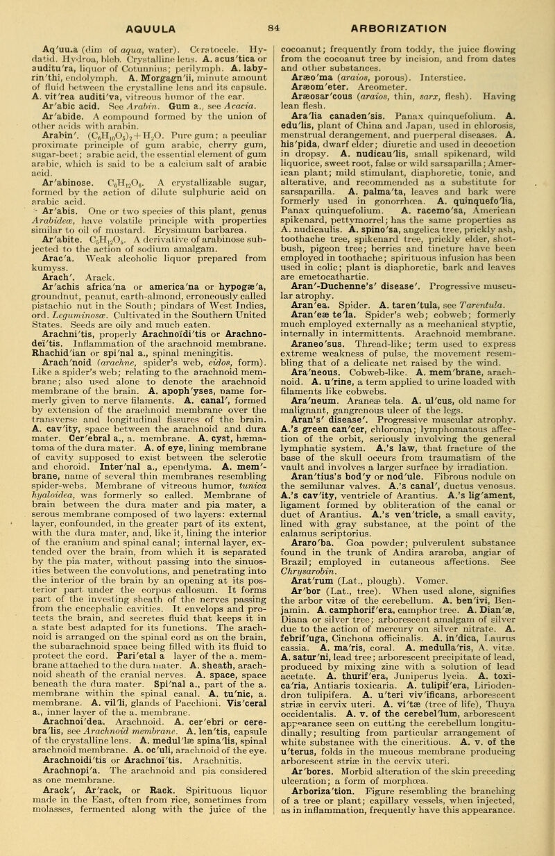 Aq'uu.a (dim of aqua, water). Ctratocele. Hy- datid. Hydroa, bleb. Crystalline lens. A. acus'tica or auditu'ra, liquor of Cotunnius; perilymph. A. laby- rin'thi, endolymph. A.. Morgagn'ii, minute amount of fluid between the crystalline lens and its capsule. A. vit'rea auditi'va, vitreous humor of the ear. Ar'abic acid. See Arabin. Gum a., see Acacia. Ar'abide. A compound formed by the union of other acids with arabin. Arabin'. (C„H10O6)2 + H20. Pure gum: a peculiar proximate principle of gum arabic, cherry gum, sugar-beet; arabic acid, the essential element of gum arabic, which is said to be a calcium salt of arabic acid. Ar'abinose. C0H,2O6. A crystallizable sugar, formed by the action of dilute sulphuric acid on arabic acid. - Ar'abis. One or two species of this plant, genus Arabidew, have volatile principle with properties similar to oil of mustard. Erysimum barbarea. Ar'abite. C6H1206. A derivative of arabinose sub- jected to the action of sodium amalgam. Arac'a. Weak alcoholic liquor prepared from kumyss. Arach'. Arack. Ar'achis africa'na or america'na or hypogae'a, groundnut, peanut, earth-almond, erroneously called pistachio nut in the South; pindars of West Indies, ord. Lcguminosos. Cultivated in the Southern United States. Seeds are oily and much eaten. Arachni'tis, properly Arachnoidi'tis or Arachno- dei'tis. Inflammation of the arachnoid membrane. Rhachid'ian or spi'nal a., spinal meningitis. Arach'noid (arachne, spider's web, eidos, form). T.ike a spider's web; relating to the arachnoid mem- brane; also used alone to denote the arachnoid membrane of the brain. A. apoph'yses, name for- merly given to nerve filaments. A. canal', formed by extension of the arachnoid membrane over the transverse and longitudinal fissures of the brain. A. cav'ity, space between the arachnoid and dura mater. Cer'ebral a., a. membrane. A. cyst, haema- toma of the dura mater. A. of eye, lining membrane of cavity supposed to exist between the sclerotic and choroid. Inter'nal a., ependyma. A. mem'- brane, name of several thin membranes resembling spider-webs. Membrane of vitreous humor, tunica hyaloidea, was formerly so called. Membrane of brain between the dura mater and pia mater, a serous membrane composed of two layers: external layer, confounded, in the greater part of its extent, with the dura mater, and, like it, lining the interior of the cranium and spinal canal; internal layer, ex- tended over the brain, from which it is separated by the pia mater, without passing into the sinuos- ities between the convolutions, and penetrating into the interior of the brain by an opening at its pos- terior part under the corpus callosum. It forms part of the investing sheath of the nerves passing from the encephalic cavities. It envelops and pro- tects the brain, and secretes fluid that keeps it in a state best adapted for its functions. The arach- noid is arranged on the spinal cord as on the brain, the subarachnoid space being filled with its fluid to protect the cord. Pari'etal a layer of the a. mem- brane attached to the dura mater. A. sheath, arach- noid sheath of the cranial nerves. A. space, space beneath the dura mater. Spi'nal a., part of the a. membrane within the spinal canal. A. tu'nic, a. membrane. A. vil'li, glands of Pacchioni. Vis'ceral a., inher layer of the a. membrane. Arachnoi'dea. Arachnoid. A. cer'ebri or cere- bra'lis, see Arachnoid membrane. A. len'tis, capsule of the crystalline lens. A. medul'lse spina'lis, spinal arachnoid membrane. A. oc'uli, arachnoid of the eye. Arachnoidi'tis or Arachnoi'tis. Arachnitis. Arachnopi'a. The arachnoid and pia considered as one membrane. Arack', Ar'rack, or Rack. Spirituous liquor made in the East, often from rice, sometimes from molasses, fermented along with the juice of the cocoanut; frequently from toddy, the juice flowing from the cocoanut tree by incision, and from dates and other substances. Araeo'ma (araios, porous). Interstice. Araeom'eter. Areometer. Araeosar'cous (araios, thin, sarx, flesh). Having lean flesh. Ara'lia canaden'sis. Panax quinquefolium. A. edu'lis, plant of China and Japan, used in chlorosis, menstrual derangement, and puerperal diseases. A. his'pida, dwarf elder; diuretic and used in decoction in dropsy. A. nudicau'lis, small spikenard, wild liquorice, sweet root, false or wild sarsaparilla; Amer- ican plant; mild stimulant, diaphoretic, tonic, and alterative, and recommended as a substitute for sarsaparilla. A. palma'ta, leaves and bark were formerly used in gonorrhoea. A. quinquefo'lia, Panax quinquefolium. A. racemo'sa, American spikenard, pettymorrel; has the same properties as A. nudicaulis. A. spino'sa, angelica tree, prickly ash, toothache tree, spikenard tree, prickly elder, shot- bush, pigeon tree; berries and tincture have been employed in toothache; spirituous infusion has been used in colic; plant is diaphoretic, bark and leaves are emetocathartic. Aran'-Duchenne's' disease'. Progressive muscu- lar atrophy. Aran'ea. Spider. A. taren'tula, see Tarentula. Aran'eae te'la. Spider's web; cobweb; formerly much employed externally as a mechanical styptic, internally in intermittents. Arachnoid membrane. Araneo'sus. Thread-like; term used to express extreme weakness of pulse, the movement resem- bling that of a delicate net raised by the wind. Ara'neous. Cobweb-like. A. mem'brane, arach- noid. A. u'rine, a term applied to urine loaded with filaments like cobwebs. Ara'neum. Araneae tela. A. ul'cus, old name for malignant, gangrenous ulcer of the legs. Aran's' disease'. Progressive muscular atrophy. A.'s green can'cer, chloroma; lymphomatous affec- tion of the orbit, seriously involving the general lymphatic system. A.'s law, that fracture of the base of the skull occurs from traumatism of the vault and involves a larger surface by irradiation. Aran'tius's bod'y or nod'ule. Fibrous nodule on the semilunar valves. A.'s canal', ductus venosus. A.'s cav'ity, ventricle of Arantius. A.'s lig'ament, ligament formed by obliteration of the canal or duct of Arantius. A.'s ven'tricle, a small cavity, lined with gray substance, at the point of the calamus scriptorius. Araro'ba. Goa powder; pulverulent substance found in the trunk of Andira araroba, angiar of Brazil; employed in cutaneous affections. See Chrysarobin. Arat'rum (Lat., plough). Vomer. Ar'bor (Lat., tree). When used alone, signifies the arbor vita? of the cerebellum. A. ben'ivi, Ben- jamin. A. camphorif era, camphor tree. A. Dian'ee, Diana or silver tree; arborescent amalgam of silver due to the action of mercury on silver nitrate. A. febrif'uga, Cinchona officinalis. A. in'dica, Lauras cassia. A. ma'ris, coral. A. medulla'ris, A. vitae. A. satur'ni, lead tree; arborescent precipitate of lead, produced by mixing zinc with a solution of lead acetate. A. thurif'era, Juniperus lycia. A. toxi- ca'ria, Antiaris toxicaria. A. tulipif'era, Lirioden- dron tulipifera. A. u'teri viv'ificans, arborescent striae in cervix uteri. A. vi'tae (tree of life), Thuya occidentalis. A. v. of the cerebellum, arborescent app°arance seen on cutting the cerebellum longitu- dinally; resulting from particular arrangement of white substance with the cineritious. A. v. of the u'terus, folds in the mucous membrane producing arborescent striae in the cervix uteri. Ar'bores. Morbid alteration of the skin preceding ulceration; a form of morphcea. Arboriza'tion. Figure resembling the branching of a tree or plant; capillary vessels, when injected, as in inflammation, frequently have this appearance.