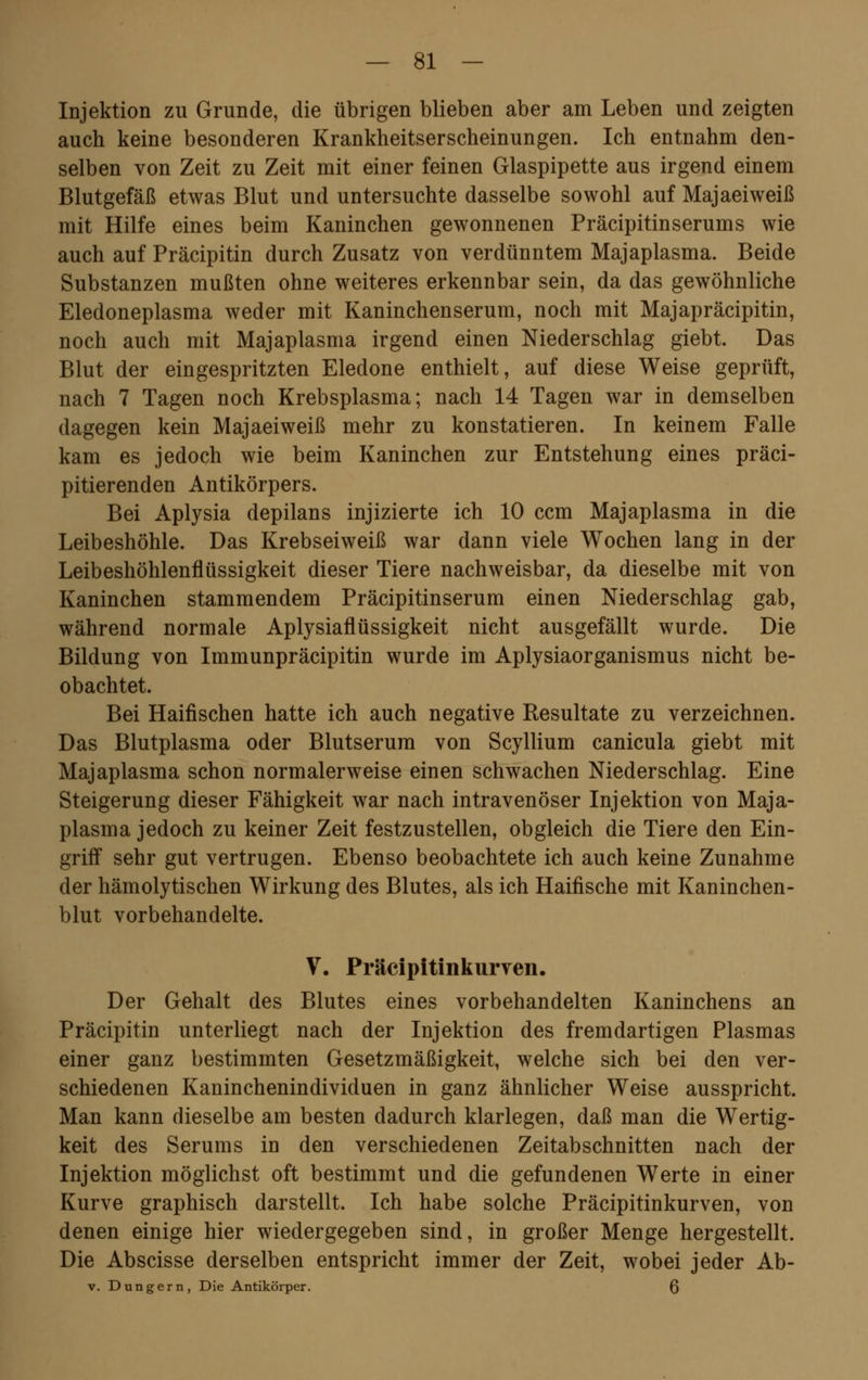 Injektion zu Grunde, die übrigen blieben aber am Leben und zeigten auch keine besonderen Krankheitserscheinungen. Ich entnahm den- selben von Zeit zu Zeit mit einer feinen Glaspipette aus irgend einem Blutgefäß etwas Blut und untersuchte dasselbe sowohl auf Majaeiweiß mit Hilfe eines beim Kaninchen gewonnenen Präcipitinserums wie auch auf Präcipitin durch Zusatz von verdünntem Majaplasma. Beide Substanzen mußten ohne weiteres erkennbar sein, da das gewöhnliche Eledoneplasma weder mit Kaninchenserum, noch mit Majapräcipitin, noch auch mit Majaplasma irgend einen Niederschlag giebt. Das Blut der eingespritzten Eledone enthielt, auf diese Weise geprüft, nach 7 Tagen noch Krebsplasma; nach 14 Tagen war in demselben dagegen kein Majaeiweiß mehr zu konstatieren. In keinem Falle kam es jedoch wie beim Kaninchen zur Entstehung eines präci- pitierenden Antikörpers. Bei Aplysia depilans injizierte ich 10 ccm Majaplasma in die Leibeshöhle. Das Krebseiweiß war dann viele Wochen lang in der Leibeshöhlenflüssigkeit dieser Tiere nachweisbar, da dieselbe mit von Kaninchen stammendem Präcipitinserum einen Niederschlag gab, während normale Aplysiaflüssigkeit nicht ausgefällt wurde. Die Bildung von Immunpräcipitin wurde im Aplysiaorganismus nicht be- obachtet. Bei Haifischen hatte ich auch negative Resultate zu verzeichnen. Das Blutplasma oder Blutserum von Scyllium canicula giebt mit Majaplasma schon normalerweise einen schwachen Niederschlag. Eine Steigerung dieser Fähigkeit war nach intravenöser Injektion von Maja- plasma jedoch zu keiner Zeit festzustellen, obgleich die Tiere den Ein- griff sehr gut vertrugen. Ebenso beobachtete ich auch keine Zunahme der hämolytischen Wirkung des Blutes, als ich Haifische mit Kaninchen- blut vorbehandelte. V. Präcipitinkurven. Der Gehalt des Blutes eines vorbehandelten Kaninchens an Präcipitin unterliegt nach der Injektion des fremdartigen Plasmas einer ganz bestimmten Gesetzmäßigkeit, welche sich bei den ver- schiedenen Kaninchenindividuen in ganz ähnlicher Weise ausspricht. Man kann dieselbe am besten dadurch klarlegen, daß man die Wertig- keit des Serums in den verschiedenen Zeitabschnitten nach der Injektion möglichst oft bestimmt und die gefundenen Werte in einer Kurve graphisch darstellt. Ich habe solche Präcipitinkurven, von denen einige hier wiedergegeben sind, in großer Menge hergestellt. Die Abscisse derselben entspricht immer der Zeit, wobei jeder Ab- v. Dungern, Die Antikörper. Q