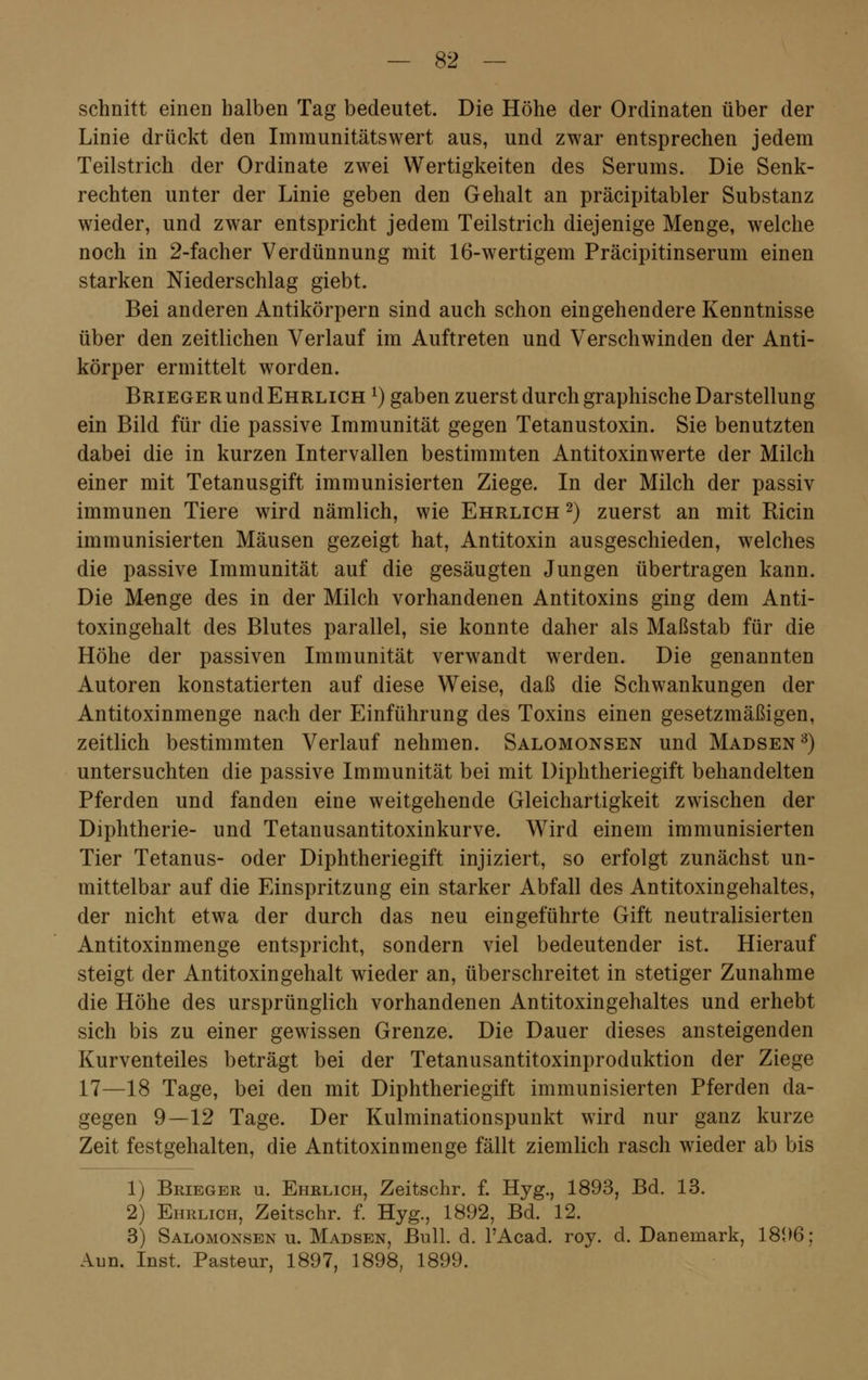 schnitt einen halben Tag bedeutet. Die Höhe der Ordinaten über der Linie drückt den Immunitätswert aus, und zwar entsprechen jedem Teilstrich der Ordinate zwei Wertigkeiten des Serums. Die Senk- rechten unter der Linie geben den Gehalt an präcipitabler Substanz wieder, und zwar entspricht jedem Teilstrich diejenige Menge, welche noch in 2-facher Verdünnung mit 16-wertigem Präcipitinserum einen starken Niederschlag giebt. Bei anderen Antikörpern sind auch schon eingehendere Kenntnisse über den zeitlichen Verlauf im Auftreten und Verschwinden der Anti- körper ermittelt worden. Brieger und Ehrlich l) gaben zuerst durch graphische Darstellung ein Bild für die passive Immunität gegen Tetanustoxin. Sie benutzten dabei die in kurzen Intervallen bestimmten Antitoxinwerte der Milch einer mit Tetanusgift immunisierten Ziege. In der Milch der passiv immunen Tiere wird nämlich, wie Ehrlich 2) zuerst an mit Ricin immunisierten Mäusen gezeigt hat, Antitoxin ausgeschieden, welches die passive Immunität auf die gesäugten Jungen übertragen kann. Die Menge des in der Milch vorhandenen Antitoxins ging dem Anti- toxingehalt des Blutes parallel, sie konnte daher als Maßstab für die Höhe der passiven Immunität verwandt werden. Die genannten Autoren konstatierten auf diese Weise, daß die Schwankungen der Antitoxinmenge nach der Einführung des Toxins einen gesetzmäßigen, zeitlich bestimmten Verlauf nehmen. Salomonsen und Madsen3) untersuchten die passive Immunität bei mit Diphtheriegift behandelten Pferden und fanden eine weitgehende Gleichartigkeit zwischen der Diphtherie- und Tetanusantitoxinkurve. Wird einem immunisierten Tier Tetanus- oder Diphtheriegift injiziert, so erfolgt zunächst un- mittelbar auf die Einspritzung ein starker Abfall des Antitoxingehaltes, der nicht etwa der durch das neu eingeführte Gift neutralisierten Antitoxinmenge entspricht, sondern viel bedeutender ist. Hierauf steigt der Antitoxingehalt wieder an, überschreitet in stetiger Zunahme die Höhe des ursprünglich vorhandenen Antitoxingehaltes und erhebt sich bis zu einer gewissen Grenze. Die Dauer dieses ansteigenden Kurventeiles beträgt bei der Tetanusantitoxinproduktion der Ziege 17—18 Tage, bei den mit Diphtheriegift immunisierten Pferden da- gegen 9—12 Tage. Der Kulminationspunkt wird nur ganz kurze Zeit festgehalten, die Antitoxinmenge fällt ziemlich rasch wieder ab bis 1) Brieger u. Ehrlich, Zeitschr. f. Hyg., 1893, Bd. 13. 2) Ehrlich, Zeitschr. f. Hyg., 1892, Bd. 12. 3) Salomonsen u. Madsen, Bull. d. l'Acad. roy. d. Danemark, 1896; Ann, Inst. Pasteur, 1897, 1898, 1899.