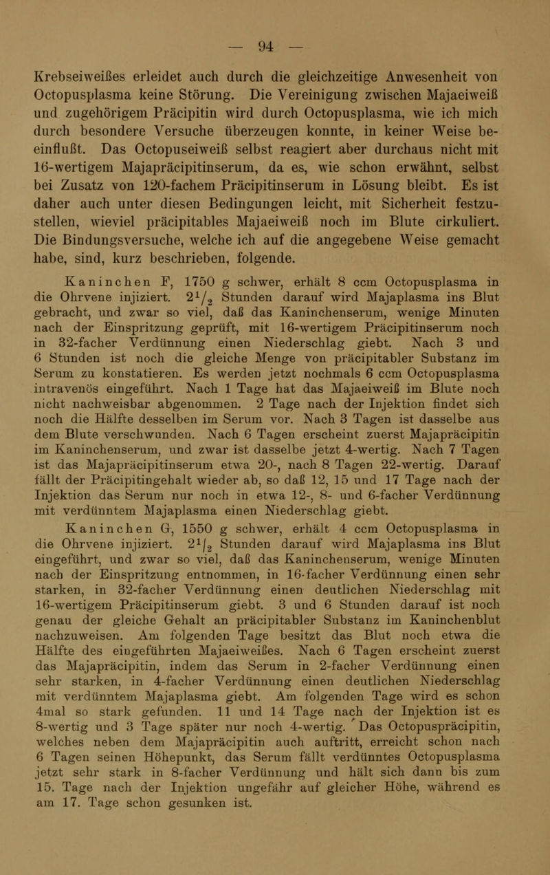 Krebseiweißes erleidet auch durch die gleichzeitige Anwesenheit von Octopusplasma keine Störung. Die Vereinigung zwischen Majaeiweiß und zugehörigem Präcipitin wird durch Octopusplasma, wie ich mich durch besondere Versuche überzeugen konnte, in keiner Weise be- einflußt. Das Octopuseiweiß selbst reagiert aber durchaus nicht mit 16-wertigem Majapräcipitinserum, da es, wie schon erwähnt, selbst bei Zusatz von 120-fachem Präcipitinserum in Lösung bleibt. Es ist daher auch unter diesen Bedingungen leicht, mit Sicherheit festzu- stellen, wieviel präcipitables Majaeiweiß noch im Blute cirkuliert. Die Bindungsversuche, welche ich auf die angegebene Weise gemacht habe, sind, kurz beschrieben, folgende. Kaninchen F, 1750 g schwer, erhält 8 ccm Octopusplasma in die Ohrvene injiziert. 21/2 Stunden darauf wird Majaplasma ins Blut gebracht, und zwar so viel, daß das Kaninchenserum, wenige Minuten nach der Einspritzung geprüft, mit 16-wertigem Präcipitinserum noch in 32-facher Verdünnung einen Niederschlag giebt. Nach 3 und 6 Stunden ist noch die gleiche Menge von präcipitabler Substanz im Serum zu konstatieren. Es werden jetzt nochmals 6 ccm Octopusplasma intravenös eingeführt. Nach 1 Tage hat das Majaeiweiß im Blute noch nicht nachweisbar abgenommen. 2 Tage nach der Injektion findet sich noch die Hälfte desselben im Serum vor. Nach 3 Tagen ist dasselbe aus dem Blute verschwunden. Nach 6 Tagen erscheint zuerst Majapräcipitin im Kaninchenserum, und zwar ist dasselbe jetzt 4-wertig. Nach 7 Tagen ist das Majapräcipitinserum etwa 20-, nach 8 Tagen 22-wertig. Darauf fällt der Präcipitingehalt wieder ab, so daß 12, 15 und 17 Tage nach der Injektion das Serum nur noch in etwa 12-, 8- und 6-facher Verdünnung mit verdünntem Majaplasma einen Niederschlag giebt. Kaninchen G, 1550 g schwer, erhält 4 ccm Octopusplasma in die Ohrvene injiziert. 21|2 Stunden darauf wird Majaplasma ins Blut eingeführt, und zwar so viel, daß das Kaninchenserum, wenige Minuten nach der Einspritzung entnommen, in 16-facher Verdünnung einen sehr starken, in 32-facher Verdünnung einen deutlichen Niederschlag mit 16-wertigem Präcipitinserum giebt. 3 und 6 Stunden darauf ist noch genau der gleiche Gehalt an präcipitabler Substanz im Kaninchenblut nachzuweisen. Am folgenden Tage besitzt das Blut noch etwa die Hälfte des eingeführten Majaeiweißes. Nach 6 Tagen erscheint zuerst das Majapräcipitin, indem das Serum in 2-facher Verdünnung einen sehr starken, in 4-facher Verdünnung einen deutlichen Niederschlag mit verdünntem Majaplasma giebt. Am folgenden Tage wird es schon 4mal so stark gefunden. 11 und 14 Tage nach der Injektion ist es 8-wertig und 3 Tage später nur noch 4-wertig. Das Octopuspräcipitin, welches neben dem Majapräcipitin auch auftritt, erreicht schon nach 6 Tagen seinen Höhepunkt, das Serum fällt verdünntes Octopusplasma jetzt sehr stark in 8-facher Verdünnung und hält sich dann bis zum 15. Tage nach der Injektion ungefähr auf gleicher Höhe, während es am 17. Tage schon gesunken ist.