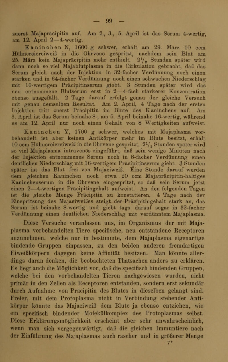 zuerst Majapräcipitin auf. Am 2., 3., 5. April ist das Serum 4-wertig, am 12. April 2—4-wertig. Kaninchen N, 1600 g schwer, erhält am 29. März 10 ccm Hühnereiereiweiß in die Ohrvene gespritzt, nachdem sein Blut am 25. März kein Majapräcipitin mehr enthielt. 21/2 Stunden später wird dann noch so viel Majablutplasma in die Cirkulation gebracht, daß das Serum gleich nach der Injektion in 32-facher Verdünnung noch einen starken und in 64-facher Verdünnung noch einen schwachen Niederschlag mit 16-wertigem Präcipitinserum giebt. 3 Stunden später wird das neu entnommene Blutserum erst in 2—4-fach stärkerer Konzentration ebenso ausgefällt. 2 Tage darauf erfolgt genau der gleiche Versuch mit genau demselben Resultat. Am 2. April, 4 Tage nach der ersten Injektion tritt zuerst Präcipitin im Blute des Kaninchens auf. Am 3. April ist das Serum beinahe 8-, am 5. April beinahe 16-wertig, während es am 12. April nur noch einen Gehalt von 8 Wertigkeiten aufweist. Kaninchen Y, 1700 g schwer, welches mit Majaplasma vor- behandelt ist aber keinen Antikörper mehr im Blute besitzt, erhält 10 ccm Hühnereiereiweiß in die Ohrvene gespritzt. 21/2 Stunden später wird so viel Majaplasma intravenös eingeführt, daß sein wenige Minuten nach der Injektion entnommenes Serum noch in 8-facher Verdünnung einen deutlichen Niederschlag mit 16-wertigem Präcipitinserum giebt. 3 Stunden später ist das Blut frei von Majaeiweiß. Eine Stunde darauf werden dem gleichen Kaninchen noch etwa 20 ccm Majapräcipitin-haltiges Kaninchenserum in die Ohrvene eingespritzt, so daß sein Serum jetzt einen 2—4-wertigen Präcipitingehalt aufweist. An den folgenden Tagen ist die gleiche Menge Präcipitin zu konstatieren. 4 Tage nach der Einspritzung des Majaeiweißes steigt der Präcipitingehalt stark an, das Serum ist beinahe 8-wertig und giebt tags darauf sogar in 32-facher Verdünnung einen deutlichen Niederschlag mit verdünntem Majaplasma. Diese Versuche veranlassen uns, im Organismus der mit Maja- plasma vorbehandelten Tiere specifische, neu entstandene Receptoren anzunehmen, welche nur in bestimmte, dem Majaplasma eigenartige bindende Gruppen einpassen, zu den beiden anderen fremdartigen Eiweißkörpern dagegen keine Affinität besitzen. Man könnte aller- dings daran denken, die beobachteten Thatsachen anders zu erklären. Es liegt auch die Möglichkeit vor, daß die specifisch bindenden Gruppen, welche bei den vorbehandelten Tieren nachgewiesen wurden, nicht primär in den Zellen als Receptoren entstanden, sondern erst sekundär durch Aufnahme von Präcipitin des Blutes in dieselben gelangt sind. Freier, mit dem Protoplasma nicht in Verbindung stehender Anti- körper könnte das Majaeiweiß dem Blute ja ebenso entziehen, wie ein specifisch bindender Molekülkomplex des Protoplasmas selbst. Diese Erklärungsmöglichkeit erscheint aber sehr unwahrscheinlich, wenn man sich vergegenwärtigt, daß die gleichen Immuntiere nach der Einführung des Majaplasmas auch rascher und in größerer Menge