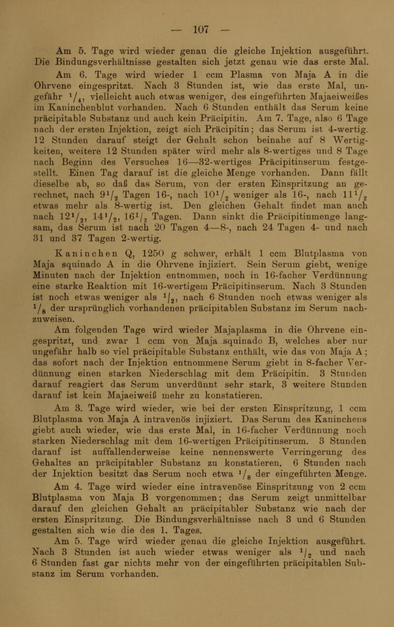 Am 5. Tage wird wieder genau die gleiche Injektion ausgeführt. Die Bindungsverhältnisse gestalten sich jetzt genau wie das erste Mal. Am 6. Tage wird wieder 1 ccm Plasma von Maja A in die Ohrvene eingespritzt. Nach 3 Stunden ist, wie das erste Mal, un- gefähr l/4, vielleicht auch etwas weniger, des eingeführten Majaeiweißes im Kaninchenblut vorhanden. Nach 6 Stunden enthält das Serum keine präcipitable Substanz und auch kein Präcipitin. Am 7. Tage, also 6 Tage nach der ersten Injektion, zeigt sich Präcipitin; das Serum ist 4-wertig. 12 Stunden darauf steigt der Gehalt schon beinahe auf 8 Wertig- keiten, weitere 12 Stunden später wird mehr als 8-wertiges und 8 Tage nach Beginn des Versuches 16—32-wertiges Präcipitinserum festge- stellt. Einen Tag darauf ist die gleiche Menge vorhanden. Dann fallt dieselbe ab, so daß das Serum, von der ersten Einspritzung an ge- rechnet, nach 9J/2 Tagen 16-, nach 101/2 weniger als 16-, nach lll/2 etwas mehr als 8-wertig ist. Den gleichen Gehalt findet man auch nach 121/2, 14!/2, 16x/2 Tagen. Dann sinkt die Präcipitinmenge lang- sam, das Serum ist nach 20 Tagen 4—8-, nach 24 Tagen 4- und nach 31 und 37 Tagen 2-wertig. Kaninchen Q, 1250 g schwer, erhält 1 ccm Blutplasma von Maja squinado A in die Ohrvene injiziert. Sein Serum giebt, wenige Minuten nach der Injektion entnommen, noch in 16-facher Verdünnung eine starke Reaktion mit 16-wertigem Präcipitinserum. Nach 3 Stunden ist noch etwas weniger als 1|2, nach 6 Stunden noch etwas weniger als 1/8 der ursprünglich vorhandenen präcipitablen Substanz im Serum nach- zuweisen. Am folgenden Tage wird wieder Majaplasma in die Ohrvene ein- gespritzt, und zwar 1 ccm von Maja squinado B, welches aber nur ungefähr halb so viel präcipitable Substanz enthält, wie das von Maja A ; das sofort nach der Injektion entnommene Serum giebt in 8-facher Ver- dünnung einen starken Niederschlag mit dem Präcipitin. 3 Stunden darauf reagiert das Serum unverdünnt sehr stark, 3 weitere Stunden darauf ist kein Majaeiweiß mehr zu konstatieren. Am 3. Tage wird wieder, wie bei der ersten Einspritzung, 1 ccm Blutplasma von Maja A intravenös injiziert. Das Serum des Kaninchens giebt auch wieder, wie das erste Mal, in 16-facher Verdünnung noch starken Niederschlag mit dem 16-wertigen Präcipitinserum. 3 Stunden darauf ist auffallend erweise keine nennenswerte Verringerung des Gehaltes an präcipitabler Substanz zu konstatieren. 6 Stunden nach der Injektion besitzt das Serum noch etwa ^g der eingeführten Menge. Am 4. Tage wird wieder eine intravenöse Einspritzung von 2 ccm Blutplasma von Maja B vorgenommen; das Serum zeigt unmittelbar darauf den gleichen Gehalt an präcipitabler Substanz wie nach der ersten Einspritzung. Die Bindungsverhältnisse nach 3 und 6 Stunden gestalten sich wie die des 1. Tages. Am 5. Tage wird wieder genau die gleiche Injektion ausgeführt. Nach 3 Stunden ist auch wieder etwas weniger als 1j2 und nach 6 Stunden fast gar nichts mehr von der eingeführten präcipitablen Sub- stanz im Serum vorhanden.