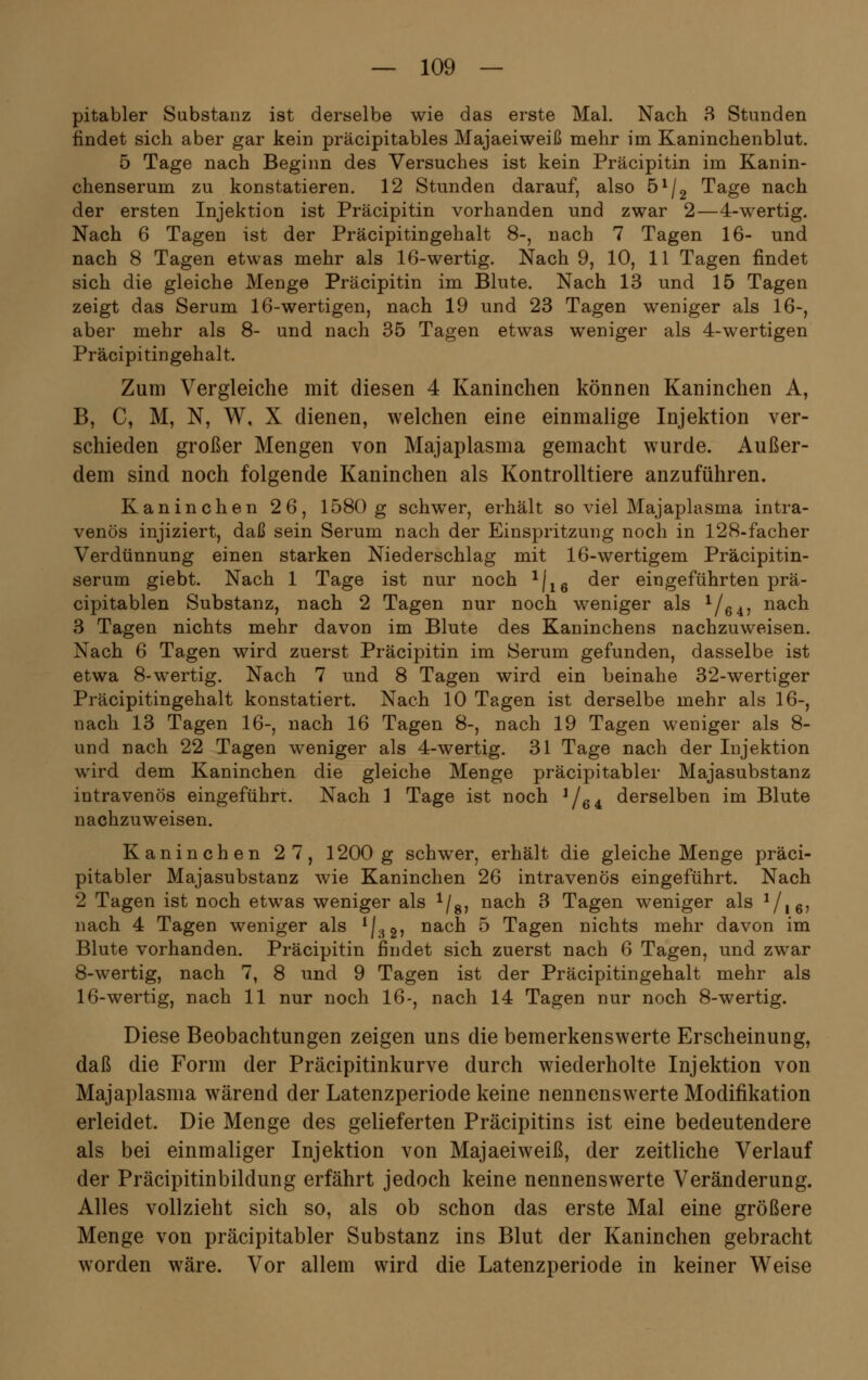 pitabler Substanz ist derselbe wie das erste Mal. Nach 3 Stunden findet sich aber gar kein präcipitables Majaeiweiß mehr im Kaninchenblut. 5 Tage nach Beginn des Versuches ist kein Präcipitin im Kanin- chenserum zu konstatieren. 12 Stunden darauf, also 51/2 Tage nach der ersten Injektion ist Präcipitin vorhanden und zwar 2—4-wertig. Nach 6 Tagen ist der Präcipitingehalt 8-, nach 7 Tagen 16- und nach 8 Tagen etwas mehr als 16-wertig. Nach 9, 10, 11 Tagen findet sich die gleiche Menge Präcipitin im Blute. Nach 13 und 15 Tagen zeigt das Serum 16-wertigen, nach 19 und 23 Tagen weniger als 16-, aber mehr als 8- und nach 35 Tagen etwas weniger als 4-wertigen Präcipitingehalt. Zum Vergleiche mit diesen 4 Kaninchen können Kaninchen A, B, C, M, N, W, X dienen, welchen eine einmalige Injektion ver- schieden großer Mengen von Majaplasma gemacht wurde. Außer- dem sind noch folgende Kaninchen als Kontrolltiere anzuführen. Kaninchen 26, 1580 g schwer, erhält so viel Majaplasma intra- venös injiziert, daß sein Serum nach der Einspritzung noch in 128-facher Verdünnung einen starken Niederschlag mit 16-wertigem Präcipitin- serum giebt. Nach 1 Tage ist nur noch 1(16 der eingeführten prä- cipitablen Substanz, nach 2 Tagen nur noch weniger als 1/64, nach 3 Tagen nichts mehr davon im Blute des Kaninchens nachzuweisen. Nach 6 Tagen wird zuerst Präcipitin im Serum gefunden, dasselbe ist etwa 8-wertig. Nach 7 und 8 Tagen wird ein beinahe 32-wertiger Präcipitingehalt konstatiert. Nach 10 Tagen ist derselbe mehr als 16-, nach 13 Tagen 16-, nach 16 Tagen 8-, nach 19 Tagen weniger als 8- und nach 22 Tagen weniger als 4-wertig. 31 Tage nach der Injektion wird dem Kaninchen die gleiche Menge präcipitabler Majasubstanz intravenös eingeführt. Nach 1 Tage ist noch J/64 derselben im Blute nachzuweisen. Kaninchen 27, 1200 g schwer, erhält die gleiche Menge präci- pitabler Majasubstanz wie Kaninchen 26 intravenös eingeführt. Nach 2 Tagen ist noch etwas weniger als 1/8, nach 3 Tagen weniger als 1/|6, nach 4 Tagen weniger als *J«jj nach 5 Tagen nichts mehr davon im Blute vorhanden. Präcipitin findet sich zuerst nach 6 Tagen, und zwar 8-wertig, nach 7, 8 und 9 Tagen ist der Präcipitingehalt mehr als 16-wertig, nach 11 nur noch 16-, nach 14 Tagen nur noch 8-wertig. Diese Beobachtungen zeigen uns die bemerkenswerte Erscheinung, daß die Form der Präcipitinkurve durch wiederholte Injektion von Majaplasma wärend der Latenzperiode keine nennenswerte Modifikation erleidet. Die Menge des gelieferten Präcipitins ist eine bedeutendere als bei einmaliger Injektion von Majaeiweiß, der zeitliche Verlauf der Präcipitinbildung erfährt jedoch keine nennenswerte Veränderung. Alles vollzieht sich so, als ob schon das erste Mal eine größere Menge von präcipitabler Substanz ins Blut der Kaninchen gebracht worden wäre. Vor allem wird die Latenzperiode in keiner Weise