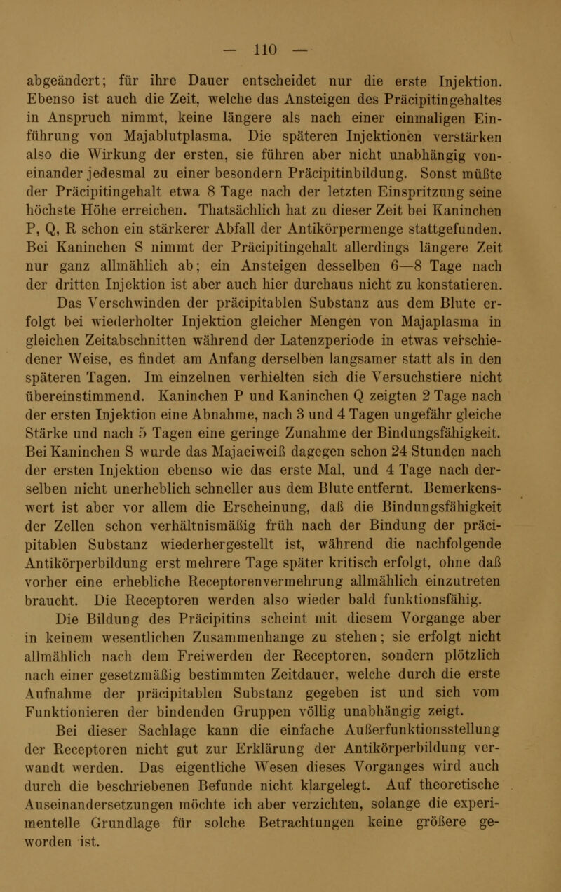 abgeändert; für ihre Dauer entscheidet nur die erste Injektion. Ebenso ist auch die Zeit, welche das Ansteigen des Präcipitingehaltes in Anspruch nimmt, keine längere als nach einer einmaligen Ein- führung von Majablutplasma. Die späteren Injektionen verstärken also die Wirkung der ersten, sie führen aber nicht unabhängig von- einander jedesmal zu einer besondern Präcipitinbildung. Sonst müßte der Präcipitingehalt etwa 8 Tage nach der letzten Einspritzung seine höchste Höhe erreichen. Thatsächlich hat zu dieser Zeit bei Kaninchen P, Q, R schon ein stärkerer Abfall der Antikörpermenge stattgefunden. Bei Kaninchen S nimmt der Präcipitingehalt allerdings längere Zeit nur ganz allmählich ab; ein Ansteigen desselben 6—8 Tage nach der dritten Injektion ist aber auch hier durchaus nicht zu konstatieren. Das Verschwinden der präcipitablen Substanz aus dem Blute er- folgt bei wiederholter Injektion gleicher Mengen von Majaplasma in gleichen Zeitabschnitten während der Latenzperiode in etwas verschie- dener Weise, es findet am Anfang derselben langsamer statt als in den späteren Tagen. Im einzelnen verhielten sich die Versuchstiere nicht übereinstimmend. Kaninchen P und Kaninchen Q zeigten 2 Tage nach der ersten Injektion eine Abnahme, nach 3 und 4 Tagen ungefähr gleiche Stärke und nach 5 Tagen eine geringe Zunahme der Bindungsfähigkeit. Bei Kaninchen S wurde das Majaeiweiß dagegen schon 24 Stunden nach der ersten Injektion ebenso wie das erste Mal, und 4 Tage nach der- selben nicht unerheblich schneller aus dem Blute entfernt. Bemerkens- wert ist aber vor allem die Erscheinung, daß die Bindungsfähigkeit der Zellen schon verhältnismäßig früh nach der Bindung der präci- pitablen Substanz wiederhergestellt ist, während die nachfolgende Antikörperbildung erst mehrere Tage später kritisch erfolgt, ohne daß vorher eine erhebliche Receptorenvermehrung allmählich einzutreten braucht. Die Receptoren werden also wieder bald funktionsfähig. Die Bildung des Präcipitins scheint mit diesem Vorgange aber in keinem wesentlichen Zusammenhange zu stehen; sie erfolgt nicht allmählich nach dem Freiwerden der Receptoren, sondern plötzlich nach einer gesetzmäßig bestimmten Zeitdauer, welche durch die erste Aufnahme der präcipitablen Substanz gegeben ist und sich vom Funktionieren der bindenden Gruppen völlig unabhängig zeigt. Bei dieser Sachlage kann die einfache Außerfunktionsstellung der Receptoren nicht gut zur Erklärung der Antikörperbildung ver- wandt werden. Das eigentliche Wesen dieses Vorganges wird auch durch die beschriebenen Befunde nicht klargelegt. Auf theoretische Auseinandersetzungen möchte ich aber verzichten, solange die experi- mentelle Grundlage für solche Betrachtungen keine größere ge- worden ist.