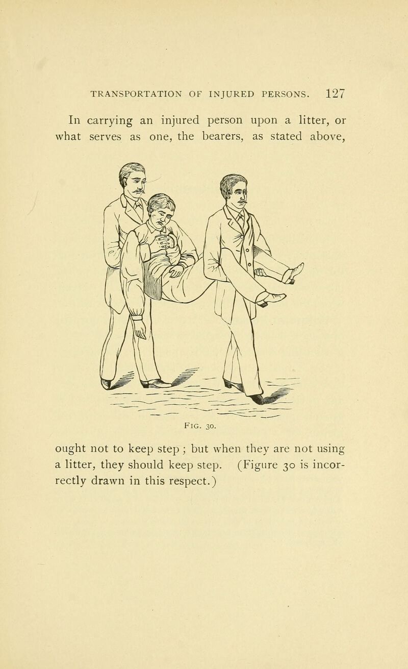 In carrying an injured person upon a litter, or what serves as one, the bearers, as stated above, Fig. 30. ought not to keep step; but when they are not using a litter, they should keep step. (Figure 30 is incor- rectly drawn in this respect.)