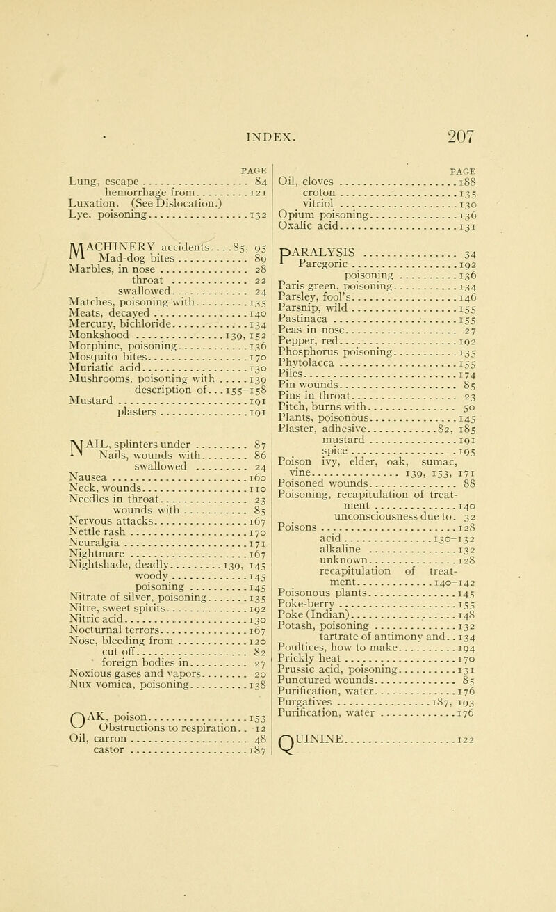 PAGE Lung, escape 84 hemorrhage from 121 Luxation. (See Dislocation.) Lye, poisoning 132 MACHINERY accidents 85, 95 Mad-dog bites 89 Marbles, in nose 28 throat 22 swallowed 24 Matches, poisoning with 135 Meats, decayed 140 Mercury, bichloride 134 Monkshood 139, 152 Morphine, poisoning 136 Mosquito bites 170 Muriatic acid 130 Mushrooms, poisoning with 139 description of... 155-158 Mustard 191 plasters 191 M AIL, splinters under 87 ^ ^ Nails, wounds with 86 swallowed 24 Nausea 160 Neck, wounds no Needles in throat 23 wounds with 85 Nervous attacks 167 Nettle rash 170 Neuralgia 171 Nightmare 167 Nightshade, deadly 139, 145 woody 145 poisoning 145 Nitrate of silver, poisoning 135 !\itre, sweet spirits 192 Nitric acid 130 Nocturnal terrors xtj Nose, bleeding from 120 cut off 82 ' foreign bodies in 27 Noxious gases and vapors 20 Nux vomica, poisoning 138 OAK, poison 153 ^ Obstructions to respiration.. 12 Oil, carron 48 castor 187 PAGE Oil, cloves 188 croton 135 vitriol 130 Opium poisoning 136 OxaHc acid 131 pARALYSIS 34 *■ Paregoric 192 poisoning 136 Paris green, poisoning 134 Parsley, fool's 146 Parsnip, wild 155 Pastinaca 155 Peas in nose 27 Pepper, red 192 Phosphorus poisoning 135 Phytolacca 155 Piles 174 Pin wounds 85 Pins in throat 23 Pitch, burns with 50 Plants, poisonous 145 Plaster, adhesive 82, 185 mustard 191 spice .195 Poison ivy, elder, oak, sumac, vine 139, 153, 171 Poisoned wounds 88 Poisoning, recapitulation of treat- ment 140 unconsciousness due to. 32 Poisons 128 acid 130-132 alkaUne 132 unknown 12S recapitulation of treat- ment 140-142 Poisonous plants 145 Poke-berry 155 Poke (Indian) 148 Potash, poisoning 132 tartrate of antimony and.. 134 Poultices, how to make 194 Prickly heat 170 Prussic acid, poisoning 131 Punctured wounds 85 Purification, water 176 Purgatives 187, 193 Purification, water 176 QUININE 122