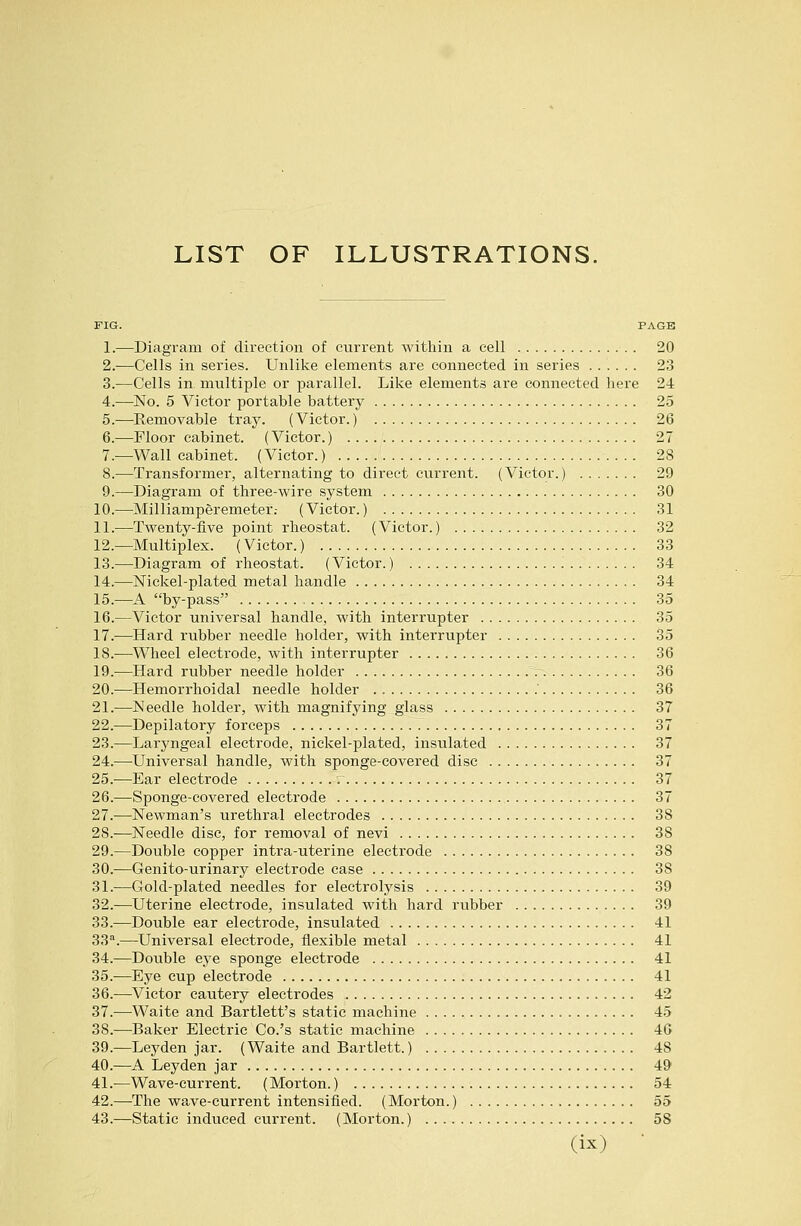 LIST OF ILLUSTRATIONS. 1.—Diagram of direction of current within a cell 20 2.—Cells in series. Unlike elements are connected in series 23 3.—Cells in multiple or parallel. Like elements are connected here 24 4.—No. 5 Victor portable battery 25 5.—Removable tray. (Victor.) 26 6.—Floor cabinet. (Victor.) 27 7.—Wall cabinet. (Victor.) 28 8.—Transformer, alternating to direct current. (Victor.) 29 9.—Diagram of three-wire system 30 10.—Milliamperemeter.- (Victor.) 31 11.—Twenty-five point rheostat. (Victor.) 32 12.—Multiplex. (Victor.) 33 13.—-Diagram of rheostat. (Victor.) 34 14.—Nickel-plated metal handle 34 15.—A by-pass 35 16.—Victor universal handle, with interrupter 35 17.—Hard rubber needle holder, with interrupter 35 18.—Wheel electrode, with interrupter 36 19.—Hard rubber needle holder 36 20.-—Hemorrhoidal needle holder .' 36 21.—Needle holder, with magnifying glass 37 22.—Depilatory forceps 37 23.—Laryngeal electrode, nickel-plated, insulated 37 24.—Universal handle, with sponge-covered disc 37 25.—Ear electrode 37 26.—Sponge-covered electrode , 37 27.—Newman's urethral electrodes 38 28.—Needle disc, for removal of nevi 38 29.—Double copper intra-uterine electrode 38 30.—Genito-urinary electrode case 38 31.—Gold-plated needles for electrolysis 39 32.—Uterine electrode, insulated with hard rubber 39 33.—Double ear electrode, insulated 41 33.—Universal electrode, flexible metal 41 34.—Double eye sponge electrode 41 35.—Eye cup electrode 41 36.—Victor cautery electrodes 42 37.-—^Waite and Bartlett's static machine 45 38.—Baker Electric Co.'s static machine 4G 39.—Leyden jar. (Waite and Bartlett.) 48 40.—A Leyden jar 49 41.^Wave-current. (Morton.) 54 42.—The wave-current intensified. (Morton.) 55 43.—Static induced current. (Morton.) 58