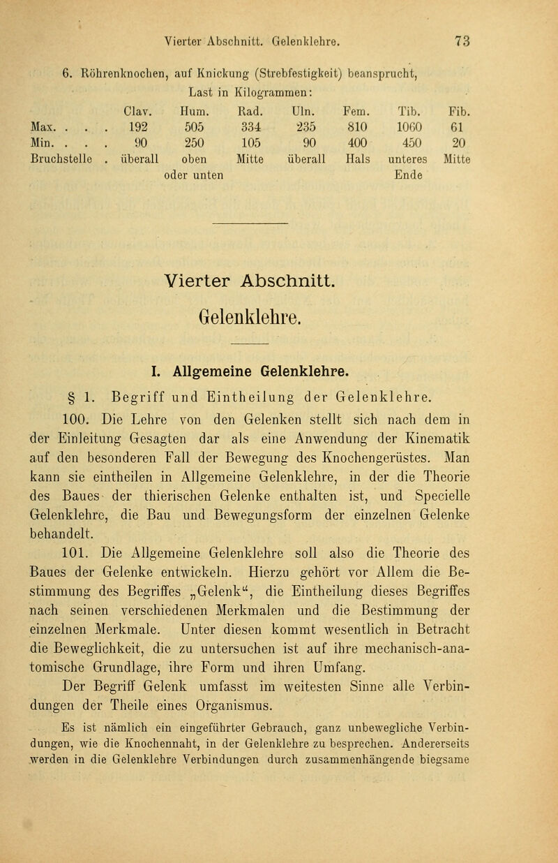 6. Röhrenknochen, auf Knickung (Strebfestigkeit) beansprucht, Last in Kilogrammen: Clav. lium. Rad. Uln. Max. , . 192 505 334 235 Min. . 1)0 250 105 90 Bruchstelle , , überall oben oder unten Mitte überall Vierter Abschnitt. Geleiiklehre. Fem. Tib. Fib. 810 lOGO 61 400 450 20 Hals unteres Mitte Ende I. Allgemeine Gelenklehre. § 1. Begriff und Eintheilung der Gelenklehre. 100. Die Lehre von den Gelenken stellt sich nach dem in der Einleitung Gesagten dar als eine Anwendung der Kinematik auf den besonderen Fall der Bewegung des Knochengerüstes. Man kann sie eintheilen in Allgemeine Gelenklehre, in der die Theorie des Baues der thierischen Gelenke enthalten ist, und Specielle Gelenklehre, die Bau und Bewegungsform der einzelnen Gelenke behandelt. 101. Die Allgemeine Gelenklehre soll also die Theorie des Baues der Gelenke entwickeln. Hierzu gehört vor Allem die Be- stimmung des Begriffes „Gelenk^', die Eintheilung dieses Begriffes nach seinen verschiedenen Merkmalen und die Bestimmung der einzelnen Merkmale. Unter diesen kommt wesentlich in Betracht die Beweglichkeit, die zu untersuchen ist auf ihre mechanisch-ana- tomische Grundlage, ihre Form und ihren Umfang. Der Begriff Gelenk umfasst im weitesten Sinne alle Verbin- dungen der Theile eines Organismus. Es ist nämlich ein eingeführter Gebrauch, ganz unbewegliche Verbin- dungen, wie die Knochennaht, in der Gelenklehre zu besprechen. Andererseits werden in die Gelenklehre Verbindungen durch zusammenhängende biegsame
