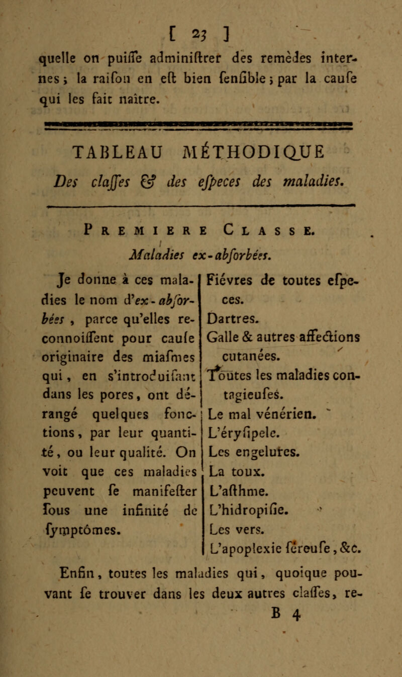 quelle on pirifie adminiftrer des remèdes inter- nes ; la raifon en eft bien fenûble > par la caufe qui les fait naître. TABLEAU MÉTHODIQUE Des clajfes £f des efpeces des maladies. Première Classe. Maladies cx-abforbé?f. Je donne k ces mala- dies le nom d'ex-abfbr- bées , parce qu'elles re- connoiflent pour caufe originaire des miafmes qui, en s'iotrodui&nt dans les pores, ont dé- rangé quelques fonc- tions , par leur quanti- té, ou leur qualité. On voit que ces maladies peuvent fe manifefter Tous une infinité de fyrçîptômes. Fièvres de toutes efpe- ces. Dartres. Galle & autres affe&ions cutanées. Toutes les maladies con- tagieufes. Le mal vénérien. L'éryfipelc. Les engelures. La toux. L'afthme. L'hidropifie. Les vers. L'apoplexie fereufe, &c. Enfin, toutes les maladies qui, quoique pou- vant fe trouver dans les deux autres clafles, re-