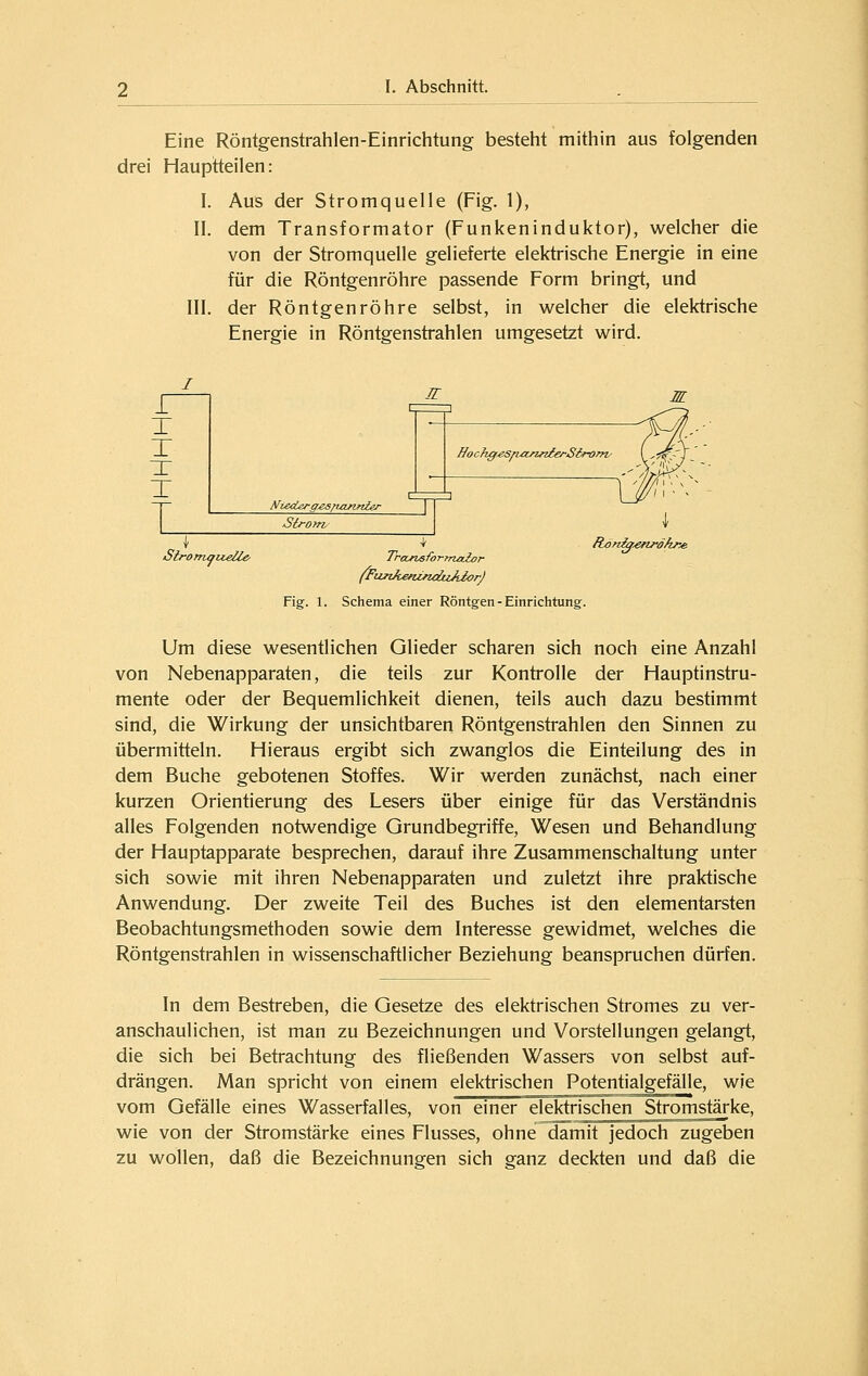 Eine Röntgenstrahlen-Einrichtung besteht mithin aus folgenden drei Hauptteilen: I. Aus der Stromquelle (Fig. 1), dem Transformator (Funkeninduktor), welcher die von der Stromquelle gelieferte elektrische Energie in eine für die Röntgenröhre passende Form bringt, und der Röntgenröhre selbst, in welcher die elektrische Energie in Röntgenstrahlen umgesetzt wird. II. III. 1 T T X T I ir Hochff^Sp-annierSirom' ( '#«^1 Njederff^esfiannier \ Strom Siromoiz.eÜ€- Trocjxsformaior (FunkefiuzduAlorJ Fig. 1. Schema einer Röntgen - Einrichtung. fldn^.€ftrdk?ye Um diese wesentlichen Glieder scharen sich noch eine Anzahl von Nebenapparaten, die teils zur Kontrolle der Hauptinstru- mente oder der Bequemlichkeit dienen, teils auch dazu bestimmt sind, die Wirkung der unsichtbaren Röntgenstrahlen den Sinnen zu übermitteln. Hieraus ergibt sich zwanglos die Einteilung des in dem Buche gebotenen Stoffes. Wir werden zunächst, nach einer kurzen Orientierung des Lesers über einige für das Verständnis alles Folgenden notwendige Grundbegriffe, Wesen und Behandlung der Hauptapparate besprechen, darauf ihre Zusammenschaltung unter sich sowie mit ihren Nebenapparaten und zuletzt ihre praktische Anwendung, Der zweite Teil des Buches ist den elementarsten Beobachtungsmethoden sowie dem Interesse gewidmet, welches die Röntgenstrahlen in wissenschaftlicher Beziehung beanspruchen dürfen. In dem Bestreben, die Gesetze des elektrischen Stromes zu ver- anschaulichen, ist man zu Bezeichnungen und Vorstellungen gelangt, die sich bei Betrachtung des fließenden Wassers von selbst auf- drängen. Man spricht von einem elektrischen Potentialgefälle, wie vom Gefälle eines Wasserfalles, von einer elektrischen Stromstärke, wie von der Stromstärke eines Flusses, ohne damit jedoch zugeben zu wollen, daß die Bezeichnungen sich ganz deckten und daß die