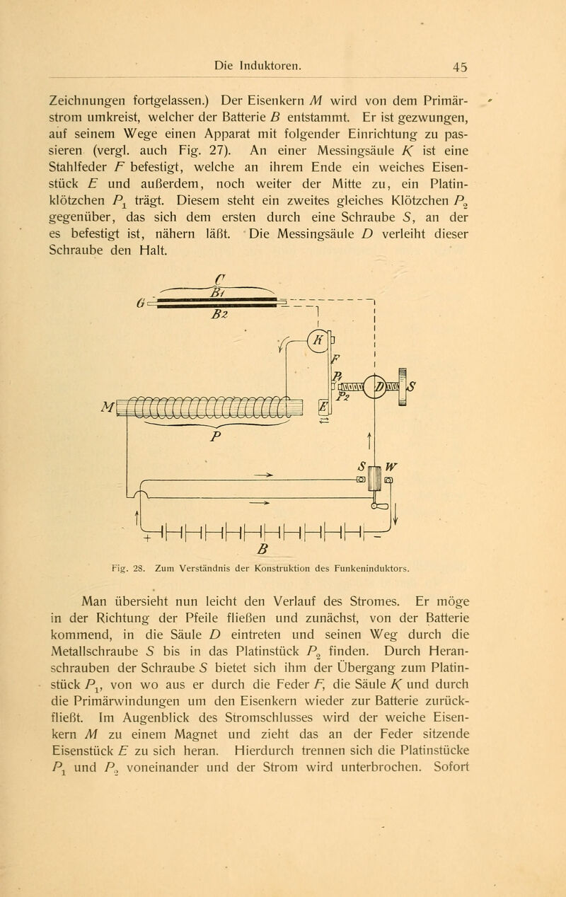 Zeichnungen fortgelassen.) Der Eisenkern M wird von dem Primär- strom umkreist, welcher der Batterie B entstammt. Er ist gezwungen, auf seinem Wege einen Apparat mit folgender Einrichtung zu pas- sieren (vergl. auch Fig. 27). An einer Messingsäule AT ist eine Stahlfeder F befestigt, weiche an ihrem Ende ein weiches Eisen- stück E und außerdem, noch weiter der Mitte zu, ein Platin- klötzchen P-^ trägt. Diesem steht ein zweites gleiches Klötzchen /\ gegenüber, das sich dem ersten durch eine Schraube S, an der es befestigt ist, nähern läßt. Die Messingsäule D verleiht dieser Schraube den Halt. Fig. 28. Zum Verständnis der Konstruktion des Funkeninduktors. Man übersieht nun leicht den Verlauf des Stromes. Er möge in der Richtung der Pfeile fließen und zunächst, von der Batterie kommend, in die Säule D eintreten und seinen Weg durch die Metallschraube S bis in das Platinstück P^ finden. Durch Heran- schrauben der Schraube S bietet sich ihm der Übergang zum Platin- stück P^, von wo aus er durch die Feder F, die Säule AT und durch die Primärwindungen um den Eisenkern wieder zur Batterie zurück- fließt. Im Augenblick des Stromschlusses wird der weiche Eisen- kern AI zu einem Magnet und zieht das an der Feder sitzende Eisenstück E zu sich heran. Hierdurch trennen sich die Platinstücke Pj und Po voneinander und der Strom wird unterbrochen. Sofort