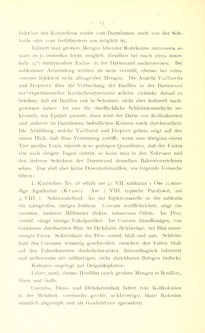 fektion des Kaninchens weder vom Darmlumen, noch von der Sub- kutis oder vom Gefäßsystem aus möglich ist. Injiziert man größere Mengen lebender Ruhrkeime intravenös, so wäre es ja immerhin leicht möglich, dieselben bei rasch (etwa inner- halb 24'*) eintretendem Exitus in der Darm wand nachzuweisen. Bei subkutaner Anwendung werden sie stets \'ermißt, ebenso bei intra- venöser Injektion nicht allzugroßer Mengen. Die Ansicht Vaillards und Dopters über die Verbreitung der Bazillen in der Darmwand bei • experimenteller Kaninchendysenterie scheint \'ielmehr darauf zu beruhen, daß sie Bazillen nur in Schnitten, nicht aber kulturell nach- gewiesen haben. Ist nun die oberflächliche Schleimhautschicht ne- krotisch, das Epithel zerstört, dann wird der Darm von Kolibakterien und anderen im Darmlumen befindlichen Keimen rasch durchwuchert. Die Abbildung, welche Vaillard und Dopter geben, zeigt auf den ersten Blick, daß diese Vermutung zutrifft; wenn man übrigens einem Tier steriles Toxin injiziert in so geringen Quantitäten, daß der Exitus erst nach einigen Tag'en eintritt, so kann man in den Nekrosen und den tieferen Schichten der Darmwand denselben Bakterienreichtum sehen. Das sind aber keine Dysenteriebazillen, wie folgende Versuche lehren : I. Kaninchen Xo. 58 erhält am 31. YII. subkutan i ()se 24 stün- dige Agarkultur (Kruse). Am 2. VIII. typische Paralysen, am 3. YIII. K Sektionsbefund: An der Injektionsstelle in der subkutis ein talergroßes, eitriges Infiltrat. Coecum weißlichviolett, zeigt ein enormes, mehrere Millimeter dickes, subseröses Ödem. Im Proc. vermif. einige blutige P^äkalpartikel. Im Coecum dünnflüssiges, von (lasblasen durchsetztes Blut, im Dickdarm dickbreiige, mit Blut unter- mengte Fäces. Schleimhaut des Proc. vermif. blaß und zart. Schleim- haut des Coecums wässerig geschwollen, zwischen den Falten blaß, auf den Faltenkämmen dunkelschwarzrot, hämorrhagisch infarziert und stellenweise mit inißfarbigen, nicht abziehbaren Belegen bedeckt. Kulturen angelegt auf Drigalskiplatten: Leber: steril, ebenso Herzblut (auch größere Mengen in Bouillon), Harn und (jalle. Coecum-, Dünn- und Dickdarminhalt liefert rote Kolikolonien in der Mehrheit, vereinzelte große, schleimige, blaue Kolonien (sämtlich abgeimpft und als Gasbildner agnosziert).