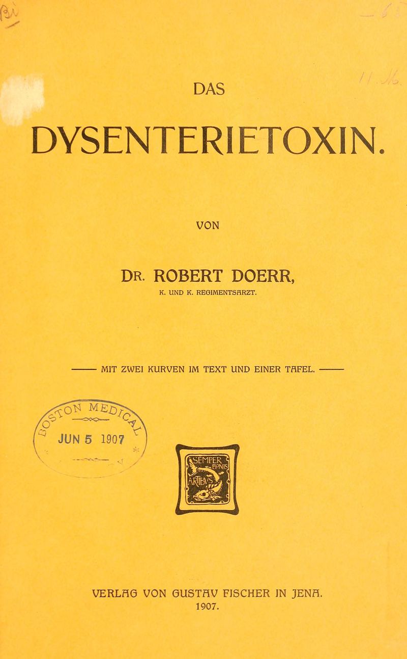 DAS DYSENTERIETOXIN VON DR. ROBERT DOERR, K. UND K. REGIMENTSHRZT. MIT ZWEI KURVEN IM TEXT UND EINER TAFEL. m VERLH6 VON 6USTHV FISCHER IN JENH. 1907.