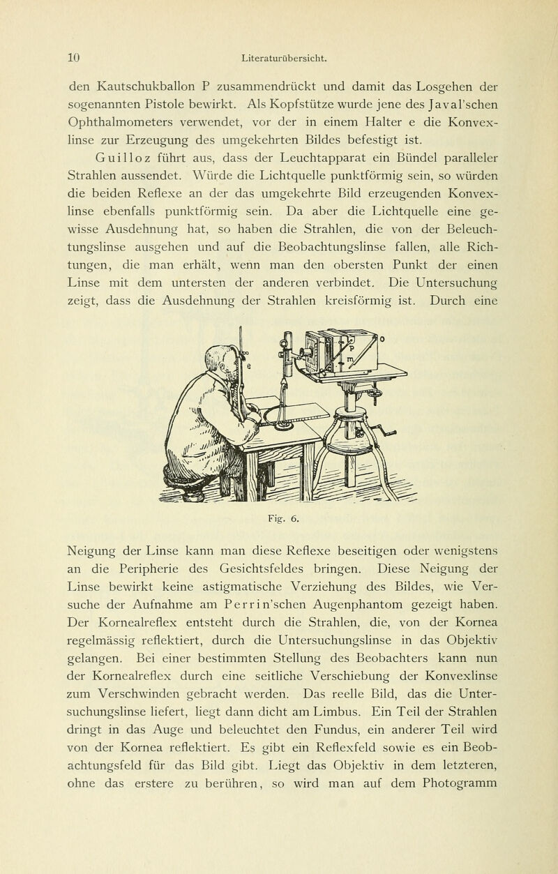 den Kautschukballon P zusammendrückt und damit das Losgehen der sogenannten Pistole bewirkt. Als Kopfstütze wurde jene des Javal'schen Ophthalmometers verwendet, vor der in einem Halter e die Konvex- linse zur Erzeugung des umgekehrten Bildes befestigt ist. Guilloz führt aus, dass der Leuchtapparat ein Bündel paralleler Strahlen aussendet. Würde die Lichtquelle punktförmig sein, so würden die beiden Reflexe an der das umgekehrte Bild erzeugenden Konvex- linse ebenfalls punktförmig sein. Da aber die Lichtquelle eine ge- wisse Ausdehnung hat, so haben die Strahlen, die von der Beleuch- tungslinse ausgehen und auf die Beobachtungslinse fallen, alle Rich- tungen, die man erhält, wenn man den obersten Punkt der einen Linse mit dem untersten der anderen verbindet. Die Untersuchung zeigt, dass die Ausdehnung der Strahlen kreisförmig ist. Durch eine Fig. 6. Neigung der Linse kann man diese Reflexe beseitigen oder wenigstens an die Peripherie des Gesichtsfeldes bringen. Diese Neigung der Linse bewirkt keine astigmatische Verziehung des Bildes, wie Ver- suche der Aufnahme am Perrin'schen Augenphantom gezeigt haben. Der Kornealreflex entsteht durch die Strahlen, die, von der Kornea regelmässig reflektiert, durch die Untersuchungslinse in das Objektiv gelangen. Bei einer bestimmten Stellung des Beobachters kann nun der Kornealreflex durch eine seitliche Verschiebung der Konvexlinse zum Verschwinden gebracht werden. Das reelle Bild, das die Unter- suchungslinse liefert, liegt dann dicht am Limbus. Ein Teil der Strahlen dringt in das Auge und beleuchtet den Fundus, ein anderer Teil wird von der Kornea reflektiert. Es gibt ein Reflexfeld sowie es ein Beob- ächtungsfeld für das Bild gibt. Liegt das Objektiv in dem letzteren, ohne das erstere zu berühren, so wird man auf dem Photogramm