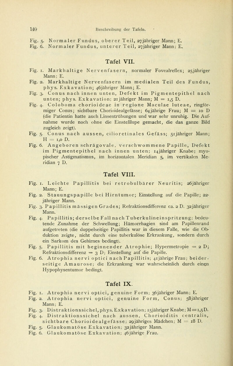 Fig. 5. Normaler Fundus, oberer Teil, 27Jähriger Mann; E. Fig. 6. Normaler Fundus, unterer Teil, 27Jähriger Mann; E. Tafel VII. Fig. I. Markhaltige Nervenfasern, normaler Fovealreflex; 25jähriger Mann; E. Fig. 2. Markhaltige Nervenfasern im medialen Teil des Fundus, phys. Exkavation; 46jähriger Mann; E. Fig. 3, Conus nach innen unten, Defekt im Pigmentepithel nach unten; phys. Exkavation; 21 jähriger Mann; M = 1,5 D. Fig. 4. Coloboma chorioideae in regione Maculae luteae, ringför- miger Conus; sichtbare Chorioidealgefässe; 64jährige Frau; M = 10 D (die Patientin hatte auch Linsentrübungen und war sehr unruhig. Die Auf- nahme wurde noch ohne die Einstelllupe gemacht, die das ganze Bild zugleich zeigt). Fig. 5. Conus nach aussen, cilioretinales Gefäss; 5ijähriger Mann; H = 1,0 D. Fig. 6. Angeboren schrägovale, verschwommene Papille, Defekt im Pigmentepithel nach innen unten; 14jähriger Knabe; myo- pischer Astigmatismus, im horizontalen Meridian 5, im vertikalen Me- ridian 7 D. Tafel VIII. Fig. I. Leichte Papillitis bei retrobulbärer Neuritis; 26jähriger Mann; E. Fig. 2. Stauungspapille bei Hirntumor; Einstellung auf die Papille; 22- jähriger Mann. Fig. 3. Papillitis massigen Grades; Refraktionsdiflferenz ca. 2 D. 32jähriger Mann. Fig. 4. Papillitis; derselbe Fall nach Tuberkulineinspritzung; bedeu- tende Zunahme der Schwellung; Hämorrhagien sind am Papillenrand aufgetreten (die doppelseitige Papillitis war in diesem Falle, wie die Ob- duktion zeigte, nicht durch eine tuberkulöse Erkrankung, sondern durch ein Sarkom des Gehirnes bedingt). Fig. 5. Papillitis mit beginnender Atrophie; Hypermetropie = 2 D; Refraktionsdifferenz = 3 D; Einstellung auf die Papille. Fig. 6. Atrophia nervi optici nach Papillitis; 41jährige Frau; beider- seitige Amaurose; die Erkrankung war wahrscheinlich durch ein^n Hypophysentumor bedingt. Tafel IX. Fig. I. Atrophia nervi optici, genuine Form; 36jähriger Mann; E. Fig. 2. Atrophia nervi optici, genuine Form, Conus; sSjähriger Mann; E. Fig. 3. Distraktionssichel, phys. Exkavation; i5Jähriger Knabe; M=:i,5D. Fig. 4. Distraktionssichel nach aussen, Chorioiditis centralis, sichtbare Chorioidealgefässe; 29Jähriges Mädchen; M = 18 D. Fig. 5. Glaukomatöse Exkavation; 32jähriger Mann.