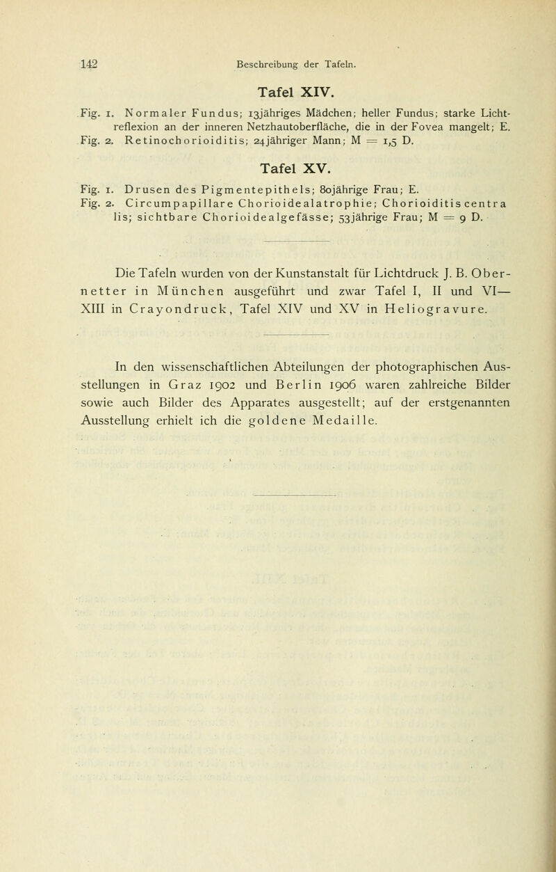 Tafel XIV. Fig. I. Normaler Fundus; i3Jähriges Mädchen; heller Fundus; starke Licht- reflexion an der inneren Netzhautoberfläche, die in der Fovea mangelt; E. Fig. 2, Retinochorioiditis; 24jähriger Mann; M = 1,5 D. Tafel XV. Fig. I. Drusen des Pigmentepithels; 80jährige Frau; E. Fig. 2. Circumpapillare Chorioidealatrophie; Chorioiditis centra lis; sichtbare Chorioidealgefässe; 53jährige Frau; M = 9 D. Die Tafeln wurden von der Kunstanstalt für Lichtdruck J. B. Ober- netter in München ausgeführt und zwar Tafel I, II und VI— XIII in Crayondruck, Tafel XIV und XV in Heliogravüre. In den wissenschaftlichen Abteilungen der photographischen Aus- stellungen in Graz 1902 und Berlin 1906 waren zahlreiche Bilder sowie auch Bilder des Apparates ausgestellt; auf der erstgenannten Ausstellung erhielt ich die goldene Medaille.