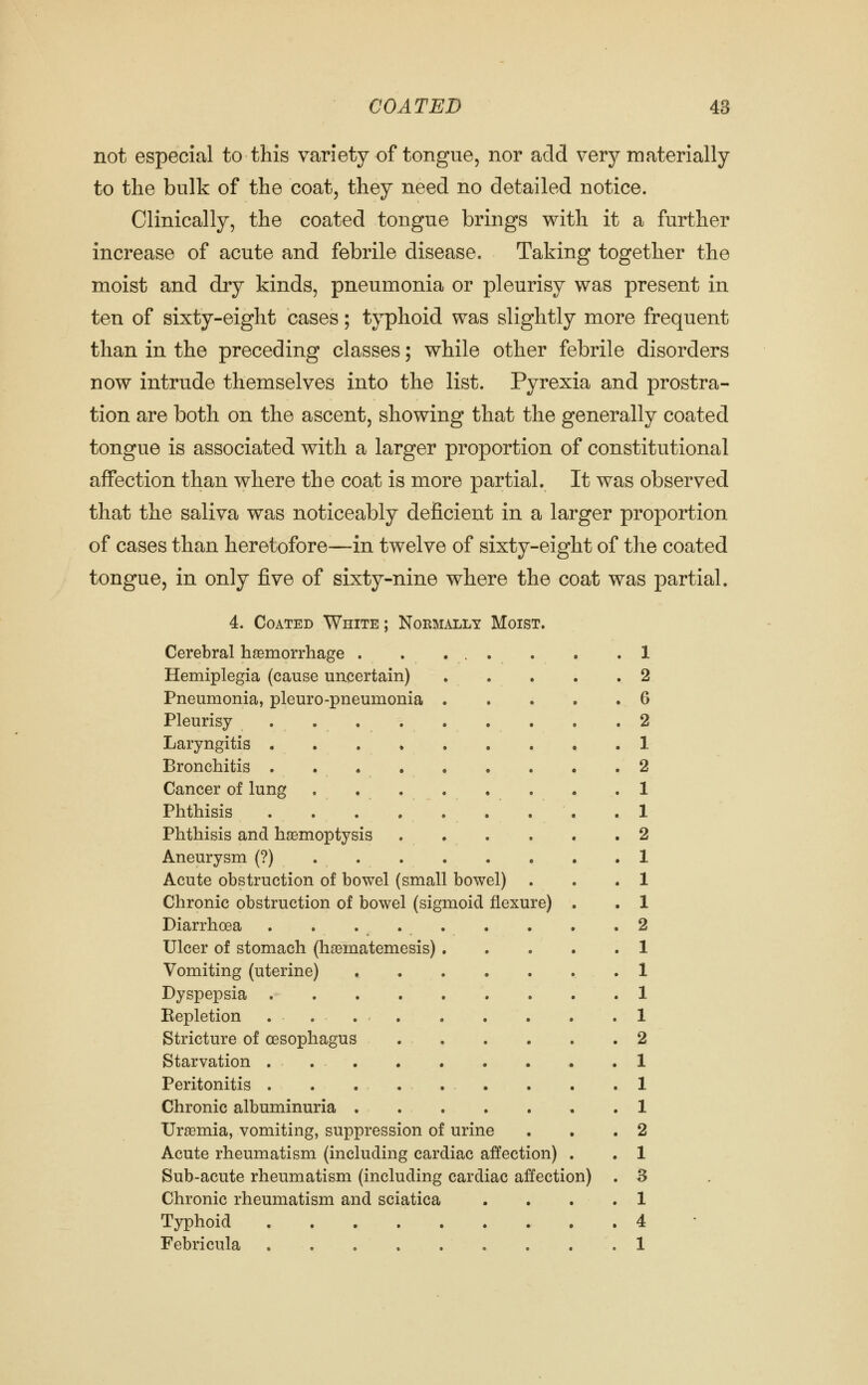 not especial to this variety of tongue, nor add verj^ materially to the bulk of the coat, they need no detailed notice. Clinically, the coated tongue brings with it a further increase of acute and febrile disease. Taking together the moist and dry kinds, pneumonia or pleurisy was present in ten of sixty-eight cases; typhoid was slightly more frequent than in the preceding classes; while other febrile disorders now intrude themselves into the list. Pyrexia and prostra- tion are both on the ascent, showing that the generally coated tongue is associated with a larger proportion of constitutional affection than where the coat is more partial. It was observed that the saliva was noticeably deficient in a larger proportion of cases than heretofore—in twelve of sixty-eight of the coated tongue, in only five of sixty-nine where the coat was partial. 4. Coated White ; Normally Moist. Cerebral haemorrhage . . ... . . .1 Hemiplegia (cause uncertain) 2 Pneumonia, pleuro-pneumonia 6 Pleurisy 2 Laryngitis 1 Bronchitis 2 Cancer of lung . Phthisis Phthisis and haemoptysis Aneurysm (?) Acute obstruction of bowel (small bowel) Chronic obstruction of bowel (sigmoid flexure) . Diarrhoea . ..... Ulcer of stomach (h^ematemesis) Vomiting (uterine) Dyspepsia Kepletion . . Stricture of oesophagus Starvation . Peritonitis . . Chronic albuminuria Uraemia, vomiting, suppression of urine Acute rheumatism (including cardiac affection) . Sub-acute rheumatism (including cardiac affection) . Chronic rheumatism and sciatica .... Typhoid Febricula