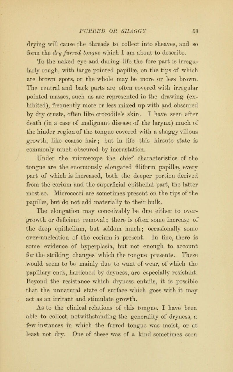 drying will cause the threads to collect into sheaves, and so form the dry furred tongue which I am about to describe. To the naked eye and during life the fore part is irregu- larly rough, with large pointed papillse, on the tips of which are brown spots, or the whole may be more or less brown. The central and back parts are often covered with irregular pointed masses, such as are represented in the drawing (ex- hibited), frequently more or less mixed up with and obscured by dry crusts, often like crocodile's skin. I have seen after death (in a case of malignant disease of the larynx) much of the hinder region of the tongue covered with a shaggy villous growth, like coarse hair; but in life this hirsute state is commonly much obscured by incrustation. Under the microscope the chief characteristics of the tongue are the enormously elongated filiform papillae, every part of which is increased, both the deeper portion derived from the corium and the superficial epithelial part, the latter most so. Micrococci are sometimes present on the tips of the papillae, but do not add materially to their bulk. The elongation may conceivably be due either to over- growth or deficient removal; there is often some increase of the deep epithelium, but seldom much; occasionally some over-nucleation of the corium is present. In fine, there is some evidence of hyperplasia, but not enough to account for the striking changes which the tongue presents. These would seem to be mainly due to want of wear, of which the papillary ends, hardened by dryness, are especially resistant. Beyond the resistance which dryness entails, it is possible that the unnatural state of surface which goes with it may act as an irritant and stimulate growth. As to the clinical relations of this tongue, I have been able to collect, notwithstanding the generality of dryness, a few instances in which the furred tongue was moist, or at least not dry. One of these was of a kind sometimes seen