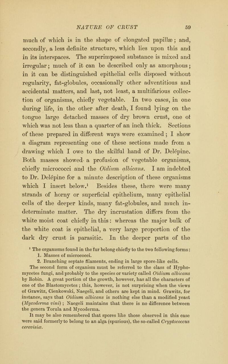 mucli of which is in the shape of elongated papil]a9 ; and, secondly, a less definite structure, which lies upon this and in its interspaces. The superimposed substance is mixed and irregular; much of it can be described only as amorphous; in it can be distinguished epithelial cells disposed without regularity, fat-globules, occasionally other adventitious and accidental matters, and last, not least, a multifarious collec- tion of organisms, chiefly vegetable. In two cases, in one during life, in the other after death, I found lying on the tongue large detached masses of dry brown crust, one ot which was not less than a quarter of an inch thick. Sections of these prepared in different ways were examined ; I show a diagram representing one of these sections made from a drawing which I owe to the skilful hand of Dr. Delepine. Both masses showed a profusion of vegetable organisms, chiefly micrococci and the O'idium albicans. I am indebted to Dr. Delepine for a minute description of these organisms which I insert below.^ Besides these, there were many strands of horny or superficial epithelium, many epithelial cells of the deeper kinds, many fat-globules, and much in- determinate matter. The dry incrustation differs from the white moist coat chiefly in this: whereas the major bulk of the white coat is epithelial, a very large proportion of the dark dry crust is parasitic. In the deeper parts of the * The organisms found in the fur belong chiefly to the two following forms: 1. Masses of micrococci. 2. Branching septate filaments, ending in large spore-like cells. The second form of organism must be referred to the class of Hypho- mycetes fungi, and probably to the species or variety called O'idium albicans by Eobin. A great portion of the growth, however, has all the characters of one of the Blastomycetes ; this, however, is not surprising when the views of Grawitz, Cienkowski, Naegeli, and others are kept in mind. Grawitz, for instance, says that Oidium albicans is nothing else than a modified yeast (Mycoderma vini) ; Naegeli maintains that there is no difference between the genera Torula and Mycoderma. It may be also remembered that spores like those observed in this case were said formerly to belong to an alga (spurious), the so-called Cryptococcus cerevisice.