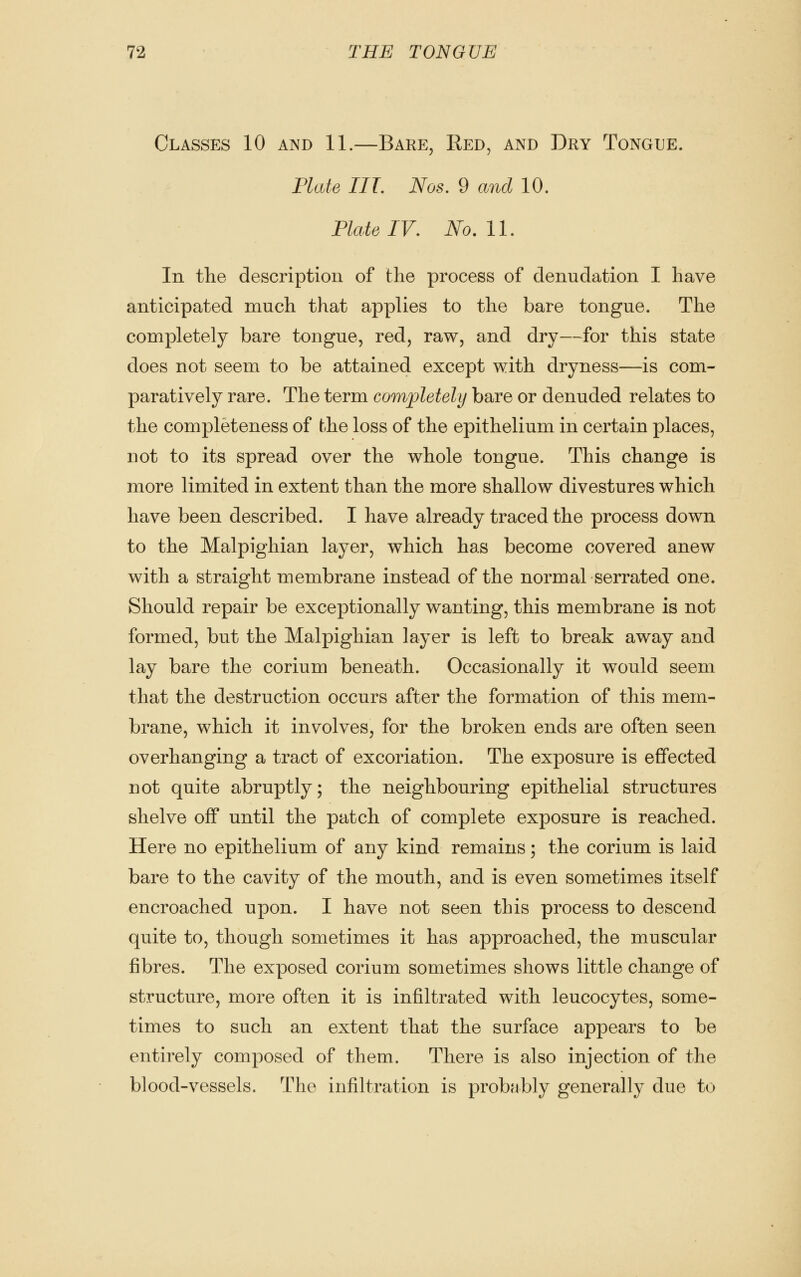 Classes 10 and 11.—Bare, Red, and Dky Tongue. Plate in. Nos. 9 and 10. Plate IV. No. 11. In the description of the process of denudation I have anticipated much that applies to the bare tongue. The completely bare tongue, red, raw, and dry—for this state does not seem to be attained except with dryness—is com- paratively rare. The term completely bare or denuded relates to the completeness of the loss of the epithelium in certain places, not to its spread over the whole tongue. This change is more limited in extent than the more shallow divestures which have been described. I have already traced the process down to the Malpighian layer, which has become covered anew with a straight membrane instead of the normal serrated one. Should repair be exceptionally wanting, this membrane is not formed, but the Malpighian layer is left to break away and lay bare the corium beneath. Occasionally it would seem that the destruction occurs after the formation of this mem- brane, which it involves, for the broken ends are often seen overhanging a tract of excoriation. The exposure is effected not quite abruptly; the neighbouring epithelial structures shelve off until the patch of complete exposure is reached. Here no epithelium of any kind remains; the corium is laid bare to the cavity of the mouth, and is even sometimes itself encroached upon. I have not seen this process to descend quite to, though sometimes it has approached, the muscular fibres. The exposed corium sometimes shows little change of structure, more often it is infiltrated with leucocytes, some- times to such an extent that the surface appears to be entirely composed of them. There is also injection of the blood-vessels. The infiltration is probably generally due to