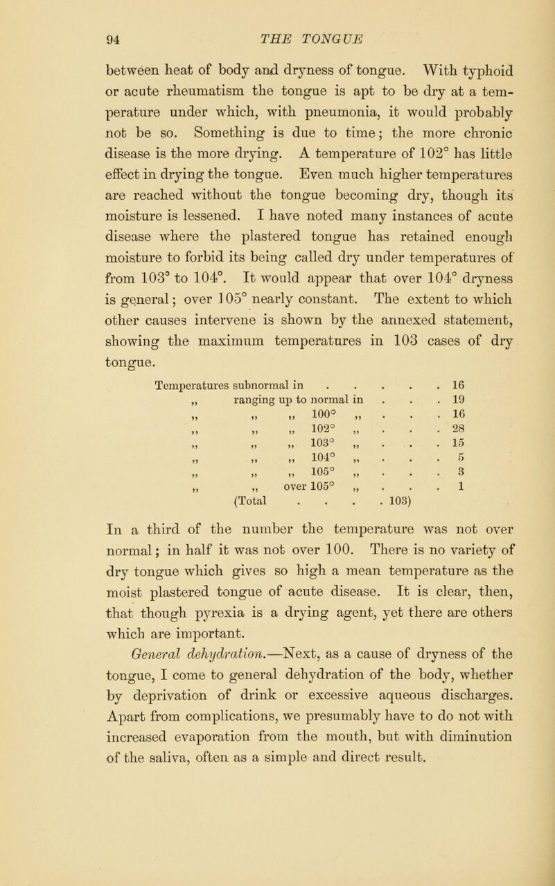 between heat of body and dryness of tongue. With typhoid or acute rheumatism the tongue is apt to be dry at a tem- perature under which, with pneumonia, it would probably not be so. Something is due to time; the more chronic disease is the more drying. A temperature of 102° has little effect in drying the tongue. Even much higher temperatures are reached without the tongue becoming dry, though its moisture is lessened. I have noted many instances of acute disease where the plastered tongue has retained enough moisture to forbid its being called dry under temperatures of from 103^ to 104°. It would appear that over 104° dryness is general; over 105° nearly constant. The extent to which other causes intervene is shown by the annexed statement, showing the maximum temperatures in 103 cases of dry tongue. Temperatures subnormal in ... . 16 „ ranging up to normal in . 19 , 100° „ . . 16 , 102° „ 28 »> »> > 103° „ 15 , 104° „ 5 105° „ 3 ,, „ over 105° „ 1 (Total 103) In a third of the number the temperature was not over normal; in half it was not over 100. There is no variety of dry tongue which gives so high a mean temperature as the moist plastered tongue of acute disease. It is clear, then, that though pyrexia is a drying agent, yet there are others which are important. General dehydration,—Next, as a cause of dryness of the tongue, I come to general dehydration of the body, whether by deprivation of drink or excessive aqueous discharges. Apart from complications, we presumably have to do not with increased evaporation from the mouth, but with diminution of the saliva, often as a simple and direct result.