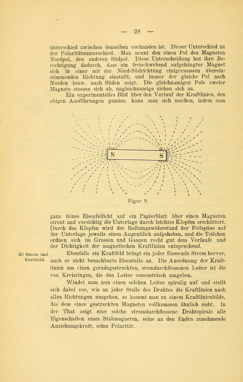 unterschied zwischen denselben vorhanden ist. Dieser Unterschied ist der Polaritätsunterschied. Man nennt den einen Pol des Magneten Nordpol, den anderen Südpol. Diese Unterscheidung hat ihre Be- rechtigung dadurch, dass ein freischwebend aufgehängter Magnet sich in einer mit der Nord-Südriohtung einigermassen überein- stimmenden Eichtung einstellt, und immer der gleiche Pol nach Norden bezw. nach Süden zeigt. Die gleichnamigen Pole zweier Magnete stossen sich ab, ungleichnamige ziehen sich an. Ein experimentelles Bild über den Verlauf der Kraftlinien, den obigen Ausführungen gemäss, kann man sich machen, indem man Pigur 9. ganz feines Eisenfeilicht auf ein Papierblatt über einen Magneten streut und vorsichtig die Unterlage durch leichtes Klopfen erschüttert. Durch- das Klopfen wird der Reibungswiderstand der Feilspäne auf der Unterlage jeweils einen Augenblick aufgehoben, und die Teilchen ordnen sich im Grossen und Ganzen recht gut dem Verlaufe und der Dichtigkeit der magnetischen Kraftlinien entsprechend. 23) Strom und Ebenfalls ein Kraftfeld bringt ein jeder fliessende Strom hervor, Eiaftfeid. auch er zieht benachbarte Eisenteile an. Die Anordnung der Kraft- linien um einen geradegestreckten, sromdurchflossenen Leiter ist die von Kreisringen, die den Leiter concentrisch umgeben. Windet man nun einen solchen Leiter spiralig auf und stellt sich dabei vor, wie an jeder Stelle des Drahtes die Kraftlinien nach allen Richtungen ausgehen, so kommt man zu einem Kraftlinienbilde, das dem eines gestreckten Magneten vollkommen ähnlich sieht. In der That zeigt eine solche stromdurchflossene Drahtspirale alle Eigenschaft(!n eines Stabmagneten, seine an den Enden zunehmende Anziehungskraft^ seine Polarität.