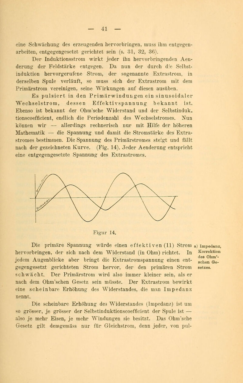 eine Schwächung des erzeugenden hervorbringen, rauss ihm entgegen- arbeiten, entgegengesetzt gerichtet sein (s. 31, 32, 36). Der Induktionsstrom wirkt jeder ihn hervorbringenden Aen- derung der Feldstärke entgegen. Da nun der durch die Selbst- induktion hervorgerufene Strom, der sogenannte Extrastrom, in derselben Spule verläuft, so rauss sich der Extrastrom mit dem Primärstrom vereinigen, seine Wirkungen auf diesen ausüben. Es pulsiert in den Primärwindungen ein sinusoidaler Wechselstrom, dessen Effektivspannung bekannt ist. Ebenso ist bekannt der Ohm'sche Widerstand und der Selbstinduk. tionscoefficient, endlich die Periodenzahl des Wechselstromes. Nun können wir — allerdings rechnerisch nur mit Hilfe der höheren Mathematik — die Spannung und damit die Stromstärke des Extra- stromes bestimmen. Die Spannung des Primärstromes steigt und fällt nach der gezeichneten Kurve. (Fig. 14). Jeder Aenderung entspricht eine entgegengesetzte Spannung des Extrastromes. des Olun'- schen Ge- setzes. Figur 14. Die primäre Spannung würde einen effektiven (11) Strom ») Impedanz, hervorbringen, der sich nach dem Widerstand (in Ohm) richtet. In Korrektion jedem Augenblicke aber bringt die Extrastromspannung einen ent- gegengesetzt gerichteten Strom hervor, der den primären Strom schwächt. Der Primärstrom wird also immer kleiner sein, als er nach dem Ohm'schen Gesetz sein müsste. Der Extrastrom bewirkt eine scheinbare Erhöhung des Widerstandes, die man Impedanz nennt. Die scheinbare Erhöhung des Widerstandes (Impedanz) ist um so grösser, je grösser der Selbstinduktionscoefficient der Spule ist — also je mehr Eisen, je mehr Windungen sie besitzt. Das Ohm'sche Gesetz gilt demgemäss nur für Gleichstrom, denn jeder, von pul-