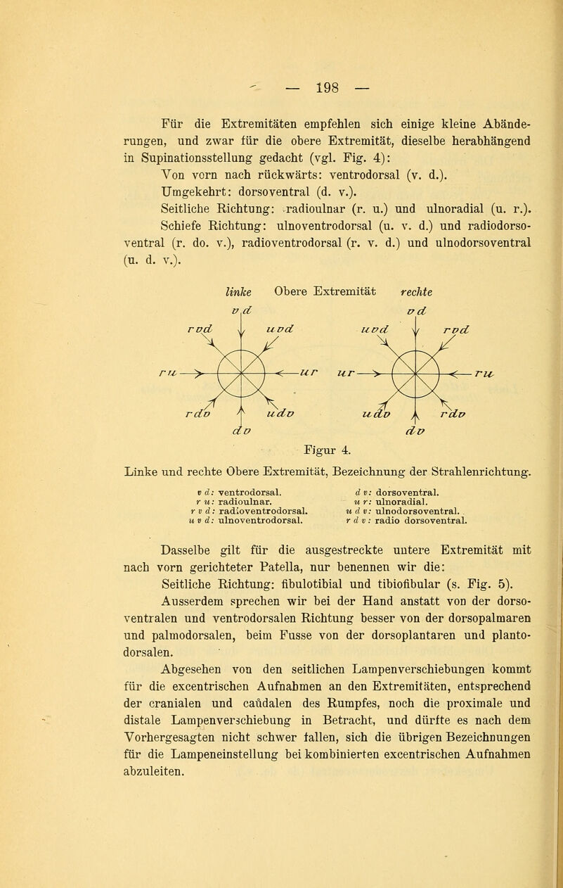 Für die Extremitäten empfehlen sich einige kleine Abände- rungen, und zwar für die obere Extremität, dieselbe herabhängend in Supinationsstellung gedacht (vgl. Fig. 4): Von vorn nach rückwärts: ventrodorsal (v. d.). Umgekehrt: dorsoventral (d. v.). Seitliche Richtung: radioulnar (r. u.) und ulnoradial (u. r.). Schiefe Richtung: ulnoventrodorsal (u. v. d.) und radiodorso- ventral (r. do. v.), radioventrodorsal (r. v. d.) und ulnodorsoventral (u. d. V.). Obere Extremität icvd mr Figur 4. Linke und rechte Obere Extremität, Bezeiclinung der Strahlenrichtung. V d: ventrodorsal. r u: radioulnar. r V d: radioventrodorsal. uvd: ulnoventrodorsal. d v: dorsoventral. M r: ulnoradial. u d v: ulnodorsoventral. , r d V : radio dorsoventral. Dasselbe gilt für die ausgestreckte untere Extremität mit nach vorn gerichteter Patella, nur benennen wir die: Seitliche Richtung: fibulotibial und tibioübular (s. Fig. 5). Ausserdem sprechen wir bei der Hand anstatt von der dorso- ventralen und ventrodorsalen Richtung besser von der dorsopalmaren und palmodorsalen, beim Fusse von der dorsoplantaren und planto- dorsalen. Abgesehen von den seitlichen Lampenverschiebungen kommt für die excentrischen Aufnahmen an den Extremitäten, entsprechend der cranialen und caüdalen des Rumpfes, noch die proximale und distale Lampenverschiebung in Betracht, und dürfte es nach dem Vorhergesagten nicht schwer fallen, sich die übrigen Bezeichoungen für die Lampeneinstellung bei kombinierten excentrischen Aufnahmen abzuleiten.