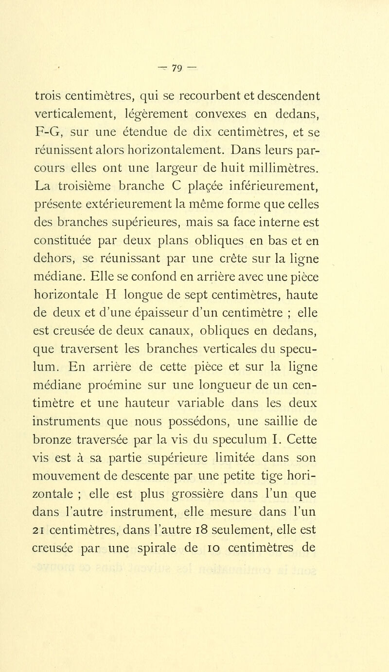 trois centimètres, qui se recourbent et descendent verticalement, légèrement convexes en dedans, F-G, sur une étendue de dix centimètres, et se réunissent alors horizontalement. Dans leurs par- cours elles ont une largeur de huit millimètres. La troisième branche C placée inférieurement, présente extérieurement la même forme que celles des branches supérieures, mais sa face interne est constituée par deux plans obliques en bas et en dehors, se réunissant par une crête sur la ligne médiane. Elle se confond en arrière avec une pièce horizontale H longue de sept centimètres, haute de deux et d'une épaisseur d'un centimètre ; elle est creusée de deux canaux, obliques en dedans, que traversent les branches verticales du spécu- lum. En arrière de cette pièce et sur la ligne médiane proémine sur une longueur de un cen- timètre et une hauteur variable dans les deux instruments que nous possédons, une saillie de bronze traversée par la vis du spéculum I. Cette vis est à sa partie supérieure limitée dans son mouvement de descente par une petite tige hori- zontale ; elle est plus grossière dans l'un que dans l'autre instrument, elle mesure dans l'un 21 centimiètres, dans l'autre i8 seulement, elle est creusée par une spirale de lo centimètres de