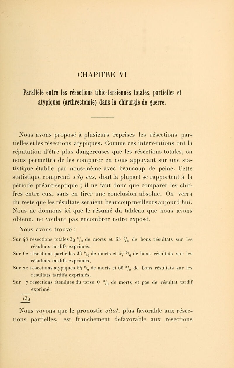 Parallèle entre les résections tiWo-tarsiennes totales, partielles et atypiques (arthrectomie) dans la chirurgie de guerre. Nous avons proposé à plusieurs reprises les résections par- tielles et les résections atypiques. Comme ces interventions ont la réputation d'être plus dangereuses que les résections totales, on nous permettra de les comparer en nous appuyant sur une sta- tistique établie par nous-même avec beaucoup de peine. Cette statistique comprend i3g cas, dont la plupart se rapportent à la période préantiseptique ; il ne faut donc que comparer les chif- fres entre eux, sans en tirer une conclusion absolue. On verra du reste que les résultats seraient beaucoup meilleurs aujourd'hui. Nous ne donnons ici que le résumé du tableau que nous avons obtenu, ne voulant pas encombrer notre exposé. Nous avons trouvé : .Sur 48 résections totales Sg *'/„ de morts et 63 7o de bons résultats sur les résultats tardifs exprimés. Sur 62 résections partielles 33 /^ de morts et 67 °/o ^^ bons résultats sur les résultats tardifs exprimés. Sur 22 résections atypiques 54 /q de morts et 66 /g de bons résultats sur les résultats tardifs exprimés. Sur 7 résections étendues du tarse 0 % de morts et pas de résultat tardif exprimé. 139 Nous voyons que le pronostic vital, plus favorable aux résec- tions partielles, est franchement défavorable aux résections