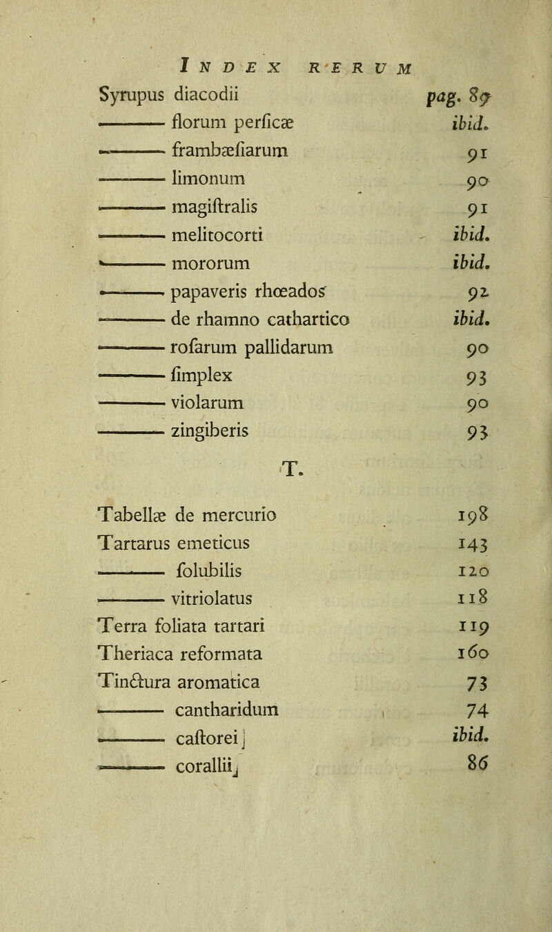 Syrupus diacodii pag. %? florum perficae ibid» - frambaeiiarum 91 limonum 90 > magiftralis 91 — melitocorti ibid. * mororum ibid. « papaveris rhceados 92. de rhamno cathartico ibid. rofarum pallidarum 90 —— ilmplex 93 ■ violarum 90 zingiberis 9 3 T. Tabellae de mercurio 198 Tartarus emeticus 143 folubilis 120 — vitriolatus 11.8 Terra foliata tartari 119 Theriaca reformata 160 Tin&ura aromatica 73 cantharidum , 74 ■ caftoreij ihid. ■— coralliij 86