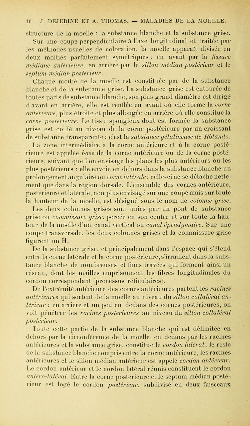 structure de la moelle : la substance blanche et la substance grise. Sur une coupe perpendiculaire à l'axe longitudinal et traitée par les méthodes usuelles de coloration, la moelle apparaît divisée en deux moitiés parfaitement symétriques : en avant par la fissure médiane antérieure, en arrière par le sillon médian postérieur et le seplum médian postérieur. Chaque moitié de la moelle est constituée par de la substance blanche et de la substance grise. La substance grise est entourée de toutes parts de substance blanche, son plus grand diamètre est dirigé d'avant en arrière, elle est renflée en avant où elle forme la corne antérieure^ plus étroite et plus allongée en arrière où elle constitue la corne postérieure. Le tissu spongieux dont est formée la substance grise est coiffé au niveau de la corne postérieure par un croissant de substance transparente : c'est la substance gélatineuse de Rôlando. La zone intermédiaire à la corne antérieure et à la corne posté- rieure est appelée base de la corne antérieure ou de la corne posté- rieure, suivant que l'on envisage les plans les plus antérieurs ou les- plus postérieurs : elle envoie en dehors dans la substance blanche un prolongement angulaire ou corne latérale : celle-ci ne se détache nette- ment que dans la région dorsale. L'ensemble des cornes antérieure,^ postérieure et latérale, non plus envisagé sur une coupe mais sur toute la hauteur de la moelle, est désigné sous le nom de colonne grise. Les deux colonnes grises sont unies par un pont de substance grise ou commissure grise, percée en son centre et sur toute la hau- teur de la moelle d'un canal vertical ou canal épendymaire. Sur une coupe transversale, les deux colonnes grises et la commissure grise figurent un H. De la substance grise, et principalement dans l'espace qui s'étend entre la corne latérale et la corne postérieure, s'irradient dans la subs- tance blanche de nombreuses et fines travées qui forment ainsi un réseau, dont les mailles emprisonnent les fibres longitudinales du cordon correspondant (processus réticulaires). De l'extrémité antérieure des cornes antérieures partent les racines antérieures qui sortent de la moelle au niveau du sillon collatéral an- térieur : en arrière et un peu en dedans des cornes postérieures, on voit pénétrer les racines postérieures au niveau du sillon collatéral postérieur. Toute cette partie de la substance blanche qui est délimitée en dehors par la circonférence de la moelle, en dedans par les racines antérieures et la substance grise, constitue le cordon latéral; le reste de la substance blanche compris entre la corne antérieure, les racines antérieures et le sillon médian antérieur est appelé cordon antérieur. Le cordon antérieur et le cordon latéral réunis constituent le cordon antéro-latéral. Entre la corne postérieure et le septum médian posté- rieur est logé le cordon postérieur, subdivisé en deux faisceaux