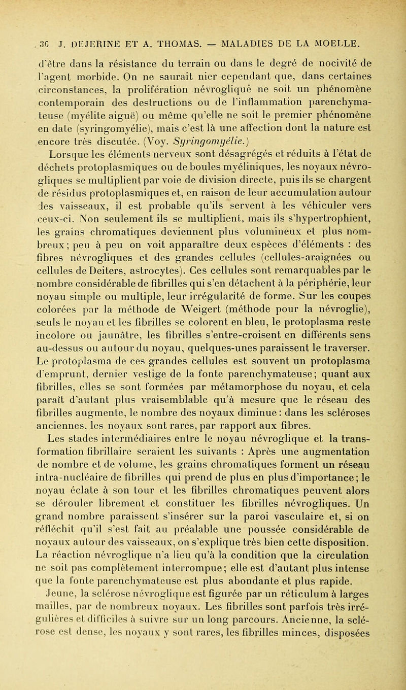 d'être clans la résistance du terrain ou dans le degré de nocivité de l'agent morbide. On ne saurait nier cependant que, dans certaines circonstances, la prolifération névrogliquê ne soit un phénomène contemporain des destructions ou de l'inflammation parenchyma- teuse (myélite aiguë) ou même qu'elle ne soit le premier phénomène en date (syringomyélie), mais c'est là une affection dont la nature est encore très discutée. (Voy. Syringomyélie.) Lorsque les éléments nerveux sont désagrégés et réduits à l'état de déchets protoplasmiques ou déboules myéliniques, les noyaux névro- gliques se multiplient par voie de division directe, puis ils se chargent de résidus protoplasmiques et, en raison de leur accumulation autour des vaisseaux, il est probable qu'ils servent à les véhiculer vers ceux-ci. Non seulement ils se multiplient, mais ils s'hypertrophient, les grains chromatiques deviennent plus volumineux et plus nom- breux ; peu à peu on voit apparaître deux espèces d'éléments : des fibres névrogliques et des grandes cellules (cellules-araignées ou cellules deDeiters, astrocytes). Ces cellules sont remarquables par le nombre considérable de fibrilles qui s'en détachent à la périphérie, leur noyau simple ou multiple, leur irrégularité de forme. Sur les coupes colorées par la méthode de 'Weigert (méthode pour la névroglie), seuls le noyau et les fibrilles se colorent en bleu, le protoplasma reste incolore ou jaunâtre, les fibrilles s'entre-croisent en différents sens au-dessus ou autour du noyau, quelques-unes paraissent le traverser. Le protoplasma de ces grandes cellules est souvent un protoplasma d'emprunt, dernier vestige de la fonte parenchymateuse; quant aux fibrilles, elles se sont formées par métamorphose du noyau, et cela paraît d'autant plus vraisemblable qu'à mesure que le réseau des fibrilles augmente, le nombre des noyaux diminue: dans les scléroses anciennes, les noyaux sont rares, par rapport aux fibres. Les stades intermédiaires entre le noyau névrogliquê et la trans- formation fibrillaire seraient les suivants : Après une augmentation de nombre et de volume, les grains chromatiques forment un réseau intra-nucléaire de fibrilles qui prend de plus en plus d'importance; le noyau éclate à son tour et les fibrilles chromatiques peuvent alors se dérouler librement et constituer les fibrilles névrogliques. Un grand nombre paraissent s'insérer sur la paroi vasculaire et, si on réfléchit qu'il s'est fait au préalable une poussée considérable de noyaux autour des vaisseaux, on s'explique très bien cette disposition. La réaction névrogliquê n'a lieu qu'à la condition que la circulation ne soit pas complètement interrompue; elle est d'autant plus intense que la fonte parenchymateuse est plus abondante et plus rapide. Jeune, la sclérose névrogliquê est figurée par un réticulum à larges mailles, par de nombreux noyaux. Les fibrilles sont parfois très irré- giilières et difficiles à suivre sur un long parcours. Ancienne, la sclé- rose est dense, les noyaux y sont rares, les fibrilles minces, disposées