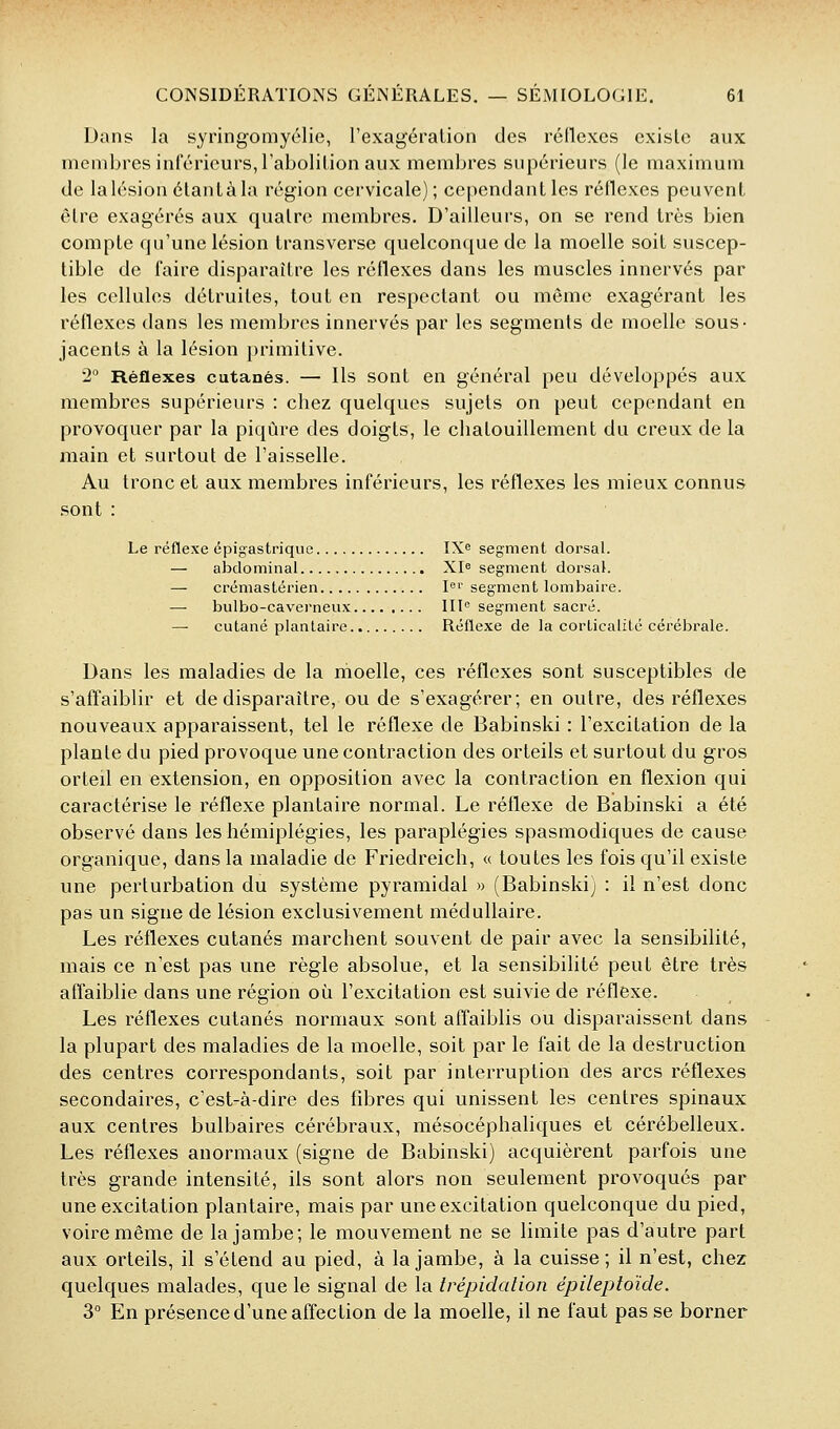 Dans la syringomyclie, l'exagération des réilexcs cxislc aux membres inférieurs, l'abolition aux membres supérieurs (le maximum de lalésion étante la région cervicale); cependant les réflexes peuvent être exagérés aux quatre membres. D'ailleurs, on se rend très bien compte qu'une lésion transverse quelconque de la moelle soit suscep- tible de faire disparaître les réflexes dans les muscles innervés par les cellules détruites, tout en respectant ou même exagérant les réflexes dans les membres innervés par les segments de moelle sous- jacents à la lésion i)rimitive. 2 Réflexes cutanés. — Ils sont en général peu développés aux membres supérieurs : chez quelques sujets on peut cependant en provoquer par la piqûre des doigts, le chatouillement du creux de la main et surtout de l'aisselle. Au tronc et aux membres inférieurs, les réflexes les mieux connus sont : Le réflexe cpigastrique IX^ segment dorsaL — alDclominal XI« segment dorsal. — crémastérien I^' segment lombaire. — bulbo-cavei'neux III' segment sacré. — cutané plantaire Réflexe de la corticalité cérébrale. Dans les maladies de la moelle, ces réflexes sont susceptibles de s'affaiblir et de disparaître, ou de s'exagérer; en outre, des réflexes nouveaux apparaissent, tel le réflexe de Babinski : l'excitation de la plante du pied provoque une contraction des orteils et surtout du gros orteil en extension, en opposition avec la contraction en flexion qui caractérise le réflexe plantaire normal. Le réflexe de Babinski a été observé dans les hémiplégies, les paraplégies spasmodiques de cause organique, dans la maladie de Friedreich, « toutes les fois qu'il existe une perturbation du système pyramidal » (Babinski) : il n'est donc pas un signe de lésion exclusivement médullaire. Les réflexes cutanés marchent souvent de pair avec la sensibilité, mais ce n'est pas une règle absolue, et la sensibilité peut être très affaiblie dans une région où l'excitation est suivie de réflexe. Les réflexes cutanés normaux sont affaiblis ou disparaissent dans la plupart des maladies de la moelle, soit par le fait de la destruction des centres correspondants, soit par interruption des arcs réflexes secondaires, c'est-à-dire des fibres qui unissent les centres spinaux aux centres bulbaires cérébraux, mésocéphaliques et cérébelleux. Les réflexes anormaux (signe de Babinski) acquièrent parfois une très grande intensité, ils sont alors non seulement provoqués par une excitation plantaire, mais par une excitation quelconque du pied, voire même de la jambe; le mouvement ne se limite pas d'autre part aux orteils, il s'étend au pied, à la jambe, à la cuisse; il n'est, chez quelques malades, que le signal de la trépidation épileptoïde. 3° En présence d'une affection de la moelle, il ne faut pas se borner