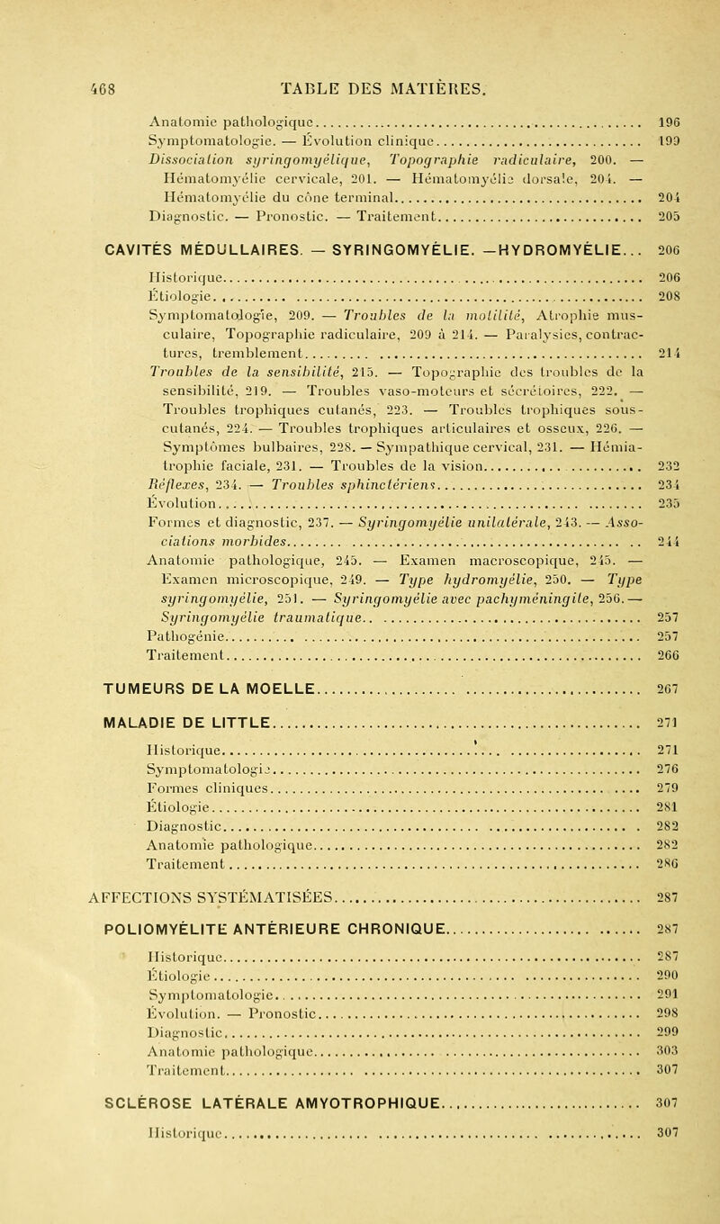 Anatomie pathologique 196 Symptomatologie. — Évolution clinique 19D Dissocialion syringomyélique, Topographie radiciilaire, 200. — Hématomyélie cervicale, 201. — Hématomyélij dorsale, 201. — Hématomyélie du cône terminal 201 Diagnostic. — Pronostic. — Traitement 205 CAVITÉS MÉDULLAIRES. — SYRINGOMYÉLIE. -HYDROMYÉLIE... 206 Historique 206 Étiologie 208 SymptomatoJog'ie, 209. — Troubles de la molUité, Atrophie mus- culaire, Topographie radiculaire, 209 à 21-i. — Paralysies, contrac- tures, tremblement 214 Ti'oables de la sensibilité, 215. — Topographie des troubles do la sensibilité, 219. — Troubles vaso-moteurs et sécréLoircs, 222. — Troubles trophiques cutanés, 223. — Troubles tropliiques sous- cutanés, 224. — Troubles trophiques articulaires et osseux, 226. — Symptômes bulbaires, 228. — Sympathique cervical, 231. —Hémia- Irophie faciale, 231. — Troubles de la vision 232 Réflexes, 234. — Troubles sphiiictériens 234 Evolution , 235 Formes et diagnostic, 237. — Syringomyélie unilalérale, 243. — Asso- ciations morbides 244 Anatomie pathologique, 245. — Examen macroscopique, 245. — Examen microscopique, 249. — Type hydromyèlie, 250. — Type syringomyélie, 251. — Syringomyélie avec pachyméningite, IbQ.— Syringomyélie traiimatique 257 Pathogénie 257 Traitement 266 TUMEURS DE LA MOELLE 267 MALADIE DE LITTLE 271 Historique 271 Symptomatologi j 276 Formes cliniques 279 Étiologie 281 Diagnostic 282 Anatomie pathologique 282 Traitement 286 AFFECTIONS SYSTÉMATISÉES 287 POLIOMYÉLITE ANTÉRIEURE CHRONIQUE 287 Historique 287 Étiologie 200 Symptomatologie 291 Évolution. — Pronostic 208 Diagnostic 299 Anatomie pathologique 303 Traitement 307 SCLÉROSE LATÉRALE AMYOTROPHIQUE 307 Historique 307