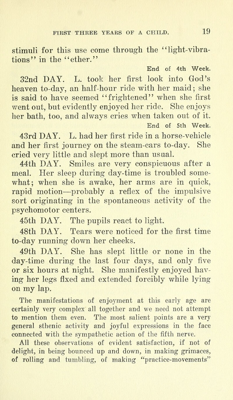 stimuli for this use come through the  light-vibra- tions in the ether. End of 4th Week. 32nd DAY. L. took her first look into God's heaven to-day, an half-hour ride with her maid; she is said to have seemed frightened when she first went out, but evidently enjoyed her ride. She enjoys her bath, too, and always cries when taken out of it. End of 5th Week. 43rd DAY. L. had her first ride in a horse-vehicle and her first journey on the steam-cars to-day. She cried very little and slept more than usual. 44th DAY. Smiles are very conspicuous after a meal. Her sleep during day-time is troubled some- what; when she is awake, her arms are in quick, rapid motion—probably a reflex of the impulsive sort originating in the spontaneous activity of the psychomotor centers. 45th DAY. The pupils react to light. 48th DAY. Tears were noticed for the first time to-day running down her cheeks. 49th DAY. She has slept little or none in the day-time during the last four days, and only five or six hours at night. She manifestly enjoyed hav- ing her legs fixed and extended forcibly while lying on my lap. The manifestations of enjoyment at this early age are certainly very complex all together and we need not attempt to mention them even. The most salient points are a very general sthenic activity and joyful expressions in the face connected with the sympathetic action of the fifth nerve. All these observations of evident satisfaction, if not of delight, in being bounced up and down, in making grimaces, of rolling and tumbling, of making practice-movements
