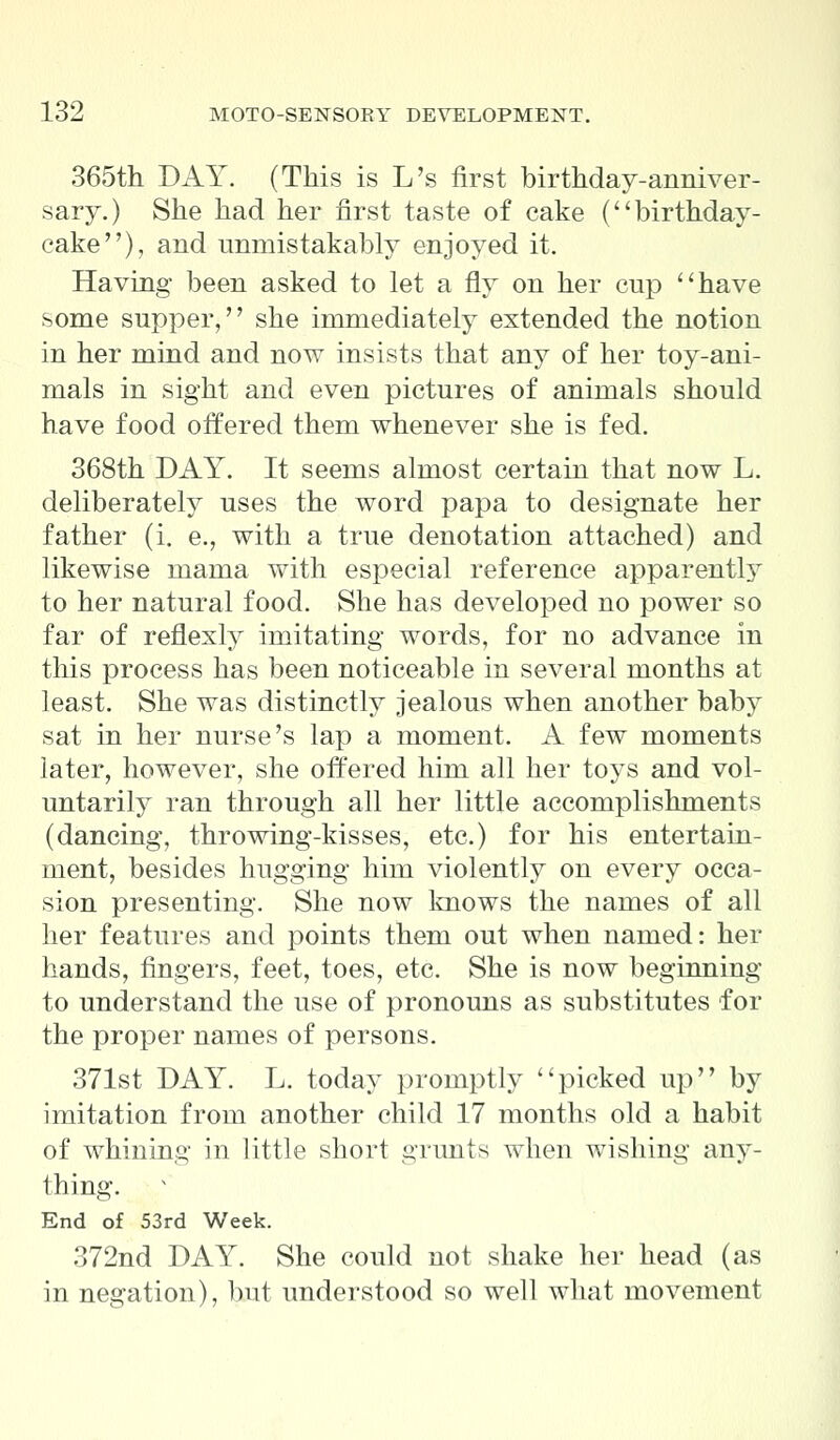 365th DAY. (This is L's first birthday-anniver- sary.) She had her first taste of cake (birthday- cake), and unmistakably enjoyed it. Having been asked to let a fly on her cup have some supper, she immediately extended the notion in her mind and now insists that any of her toy-ani- mals in sight and even pictures of animals should have food offered them whenever she is fed. 368th DAY. It seems almost certain that now L. deliberately uses the word papa to designate her father (i. e., with a true denotation attached) and likewise mama with especial reference apparently to her natural food. She has developed no power so far of reflexly imitating words, for no advance in this process has been noticeable in several months at least. She was distinctly jealous when another baby sat in her nurse's lap a moment. A few moments later, however, she offered him all her toys and vol- untarily ran through all her little accomplishments (dancing, throwing-kisses, etc.) for his entertain- ment, besides hugging him violently on every occa- sion presenting. She now knows the names of all her features and points them out when named: her hands, fingers, feet, toes, etc. She is now beginning to understand the use of pronouns as substitutes for the proper names of persons. 371st DAY. L. today promptly picked up by imitation from another child 17 months old a habit of whining in little short grunts when wishing any- thing. End of 53rd Week. 372nd DAY. She could not shake her head (as in negation), but understood so well what movement